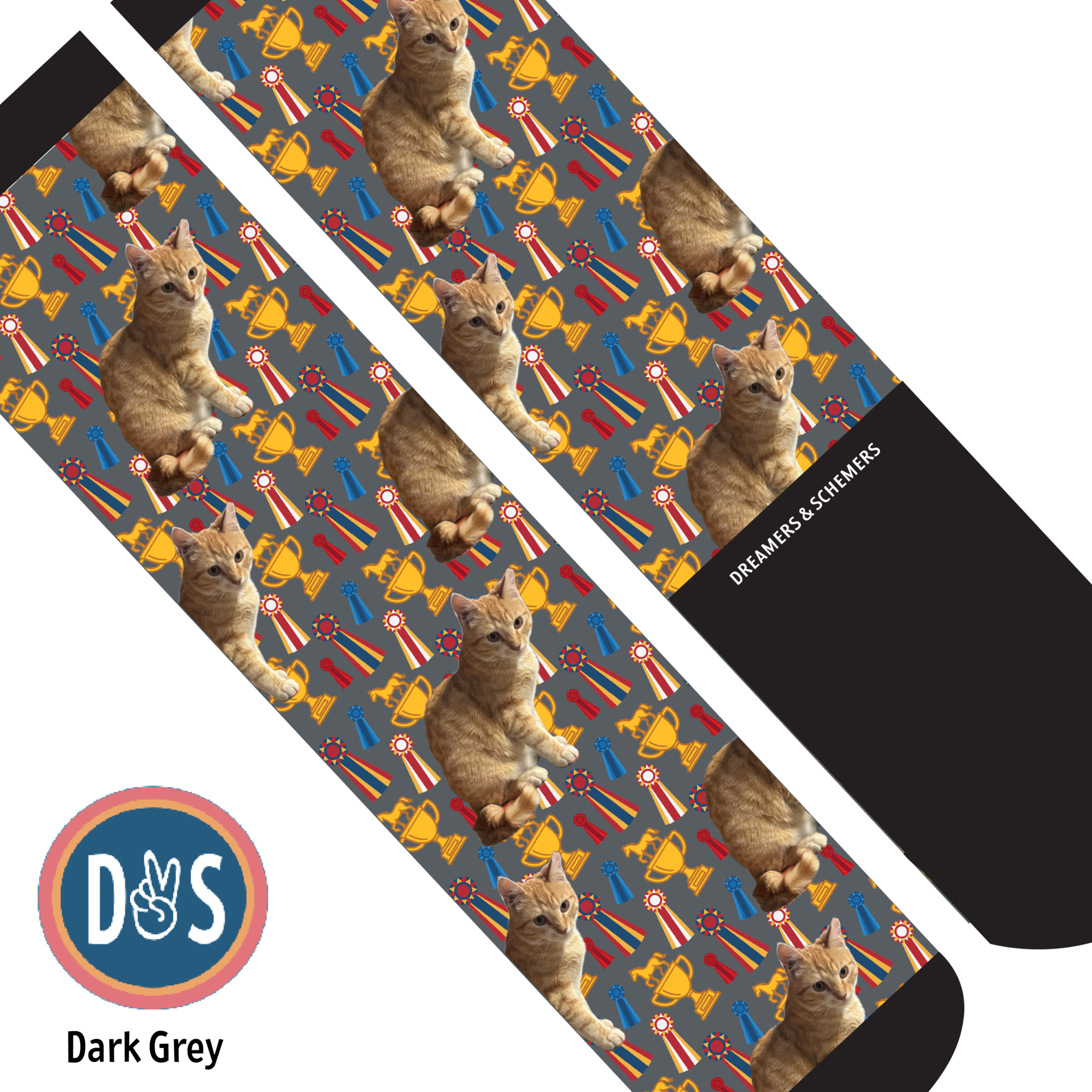 Custom boot socks with a cat and trophy pattern on dark grey background