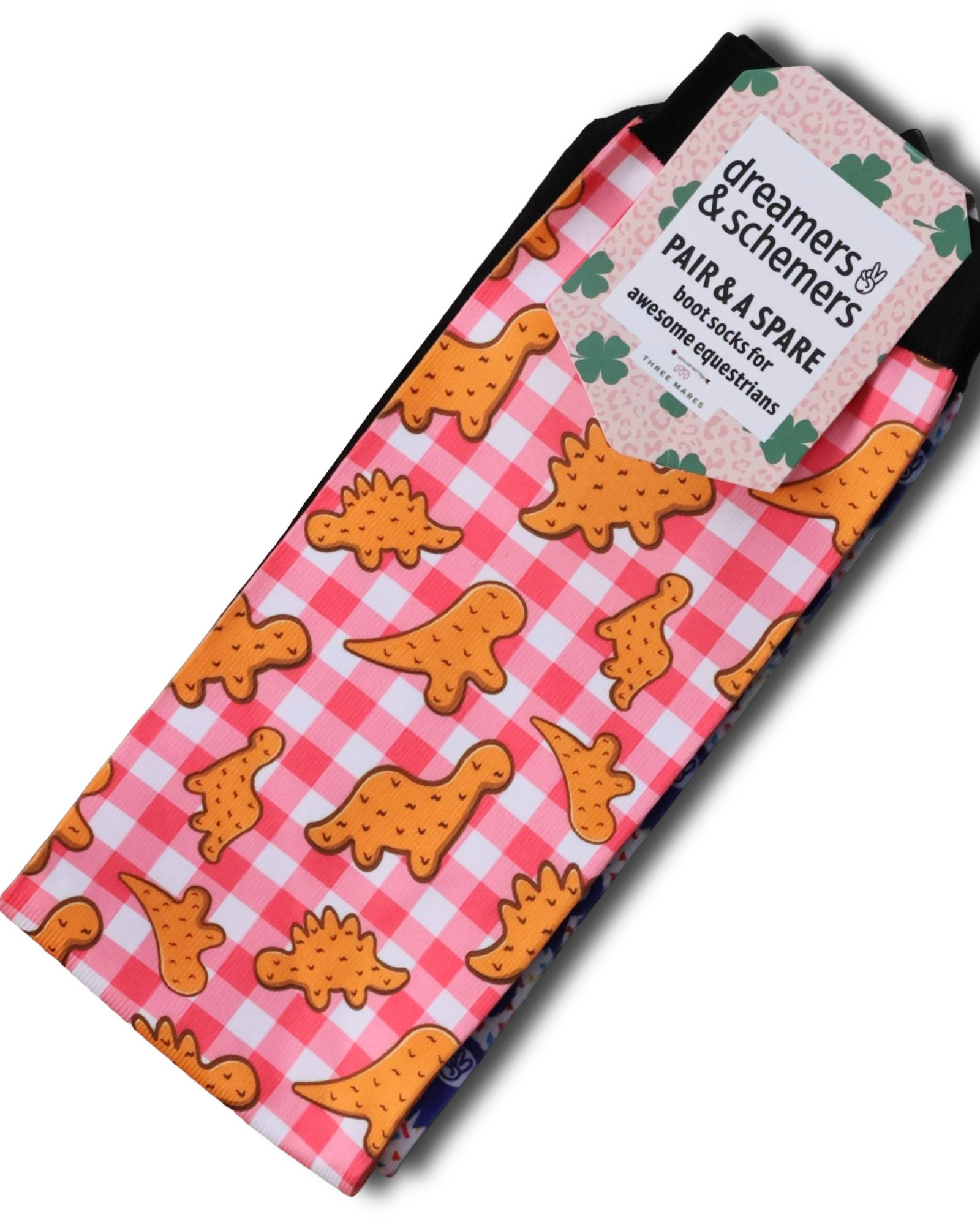Dino Nuggies Pair & a Spare equestrian boot socks with dinosaur chicken nuggets, by Dreamers & Schemers