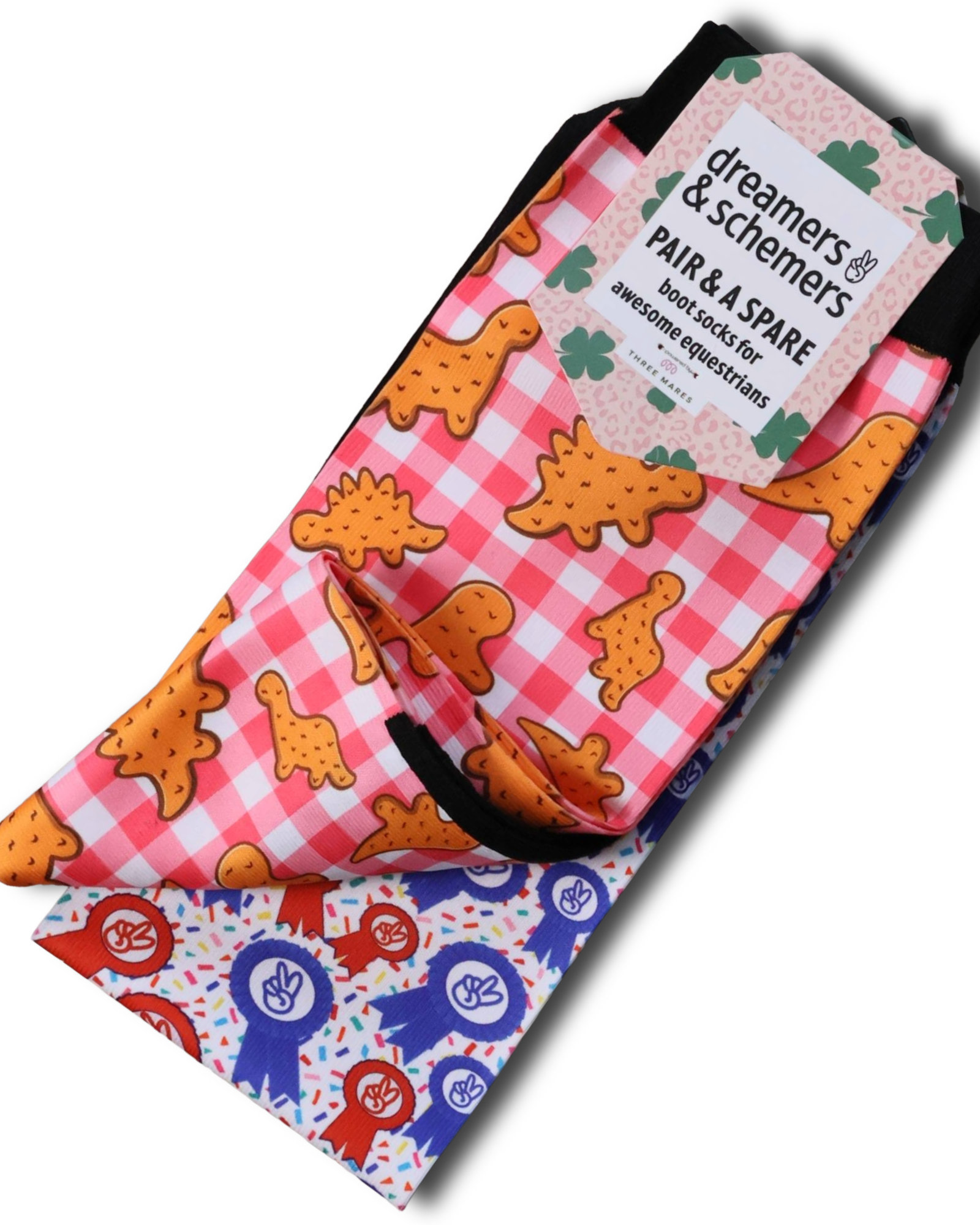 Dino Nuggies Pair & a Spare equestrian boot socks featuring dinosaur chicken nuggets, alternate angle, by Dreamers & Schemers