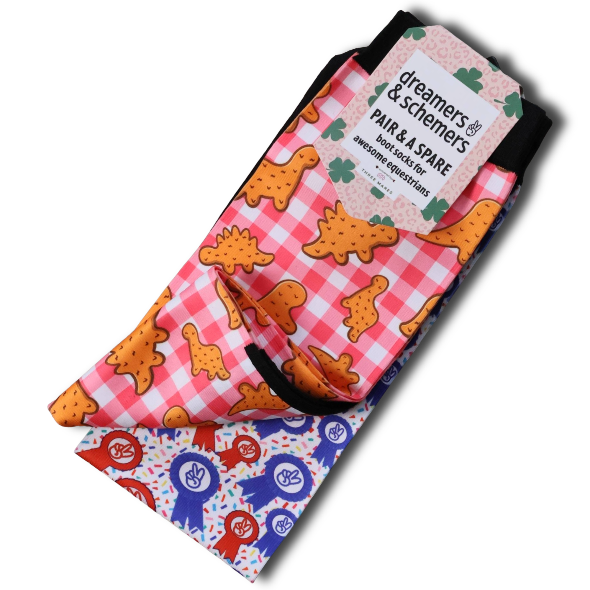 Dino Nuggies Pair & a Spare equestrian boot socks featuring dinosaur chicken nuggets, alternate angle, by Dreamers & Schemers