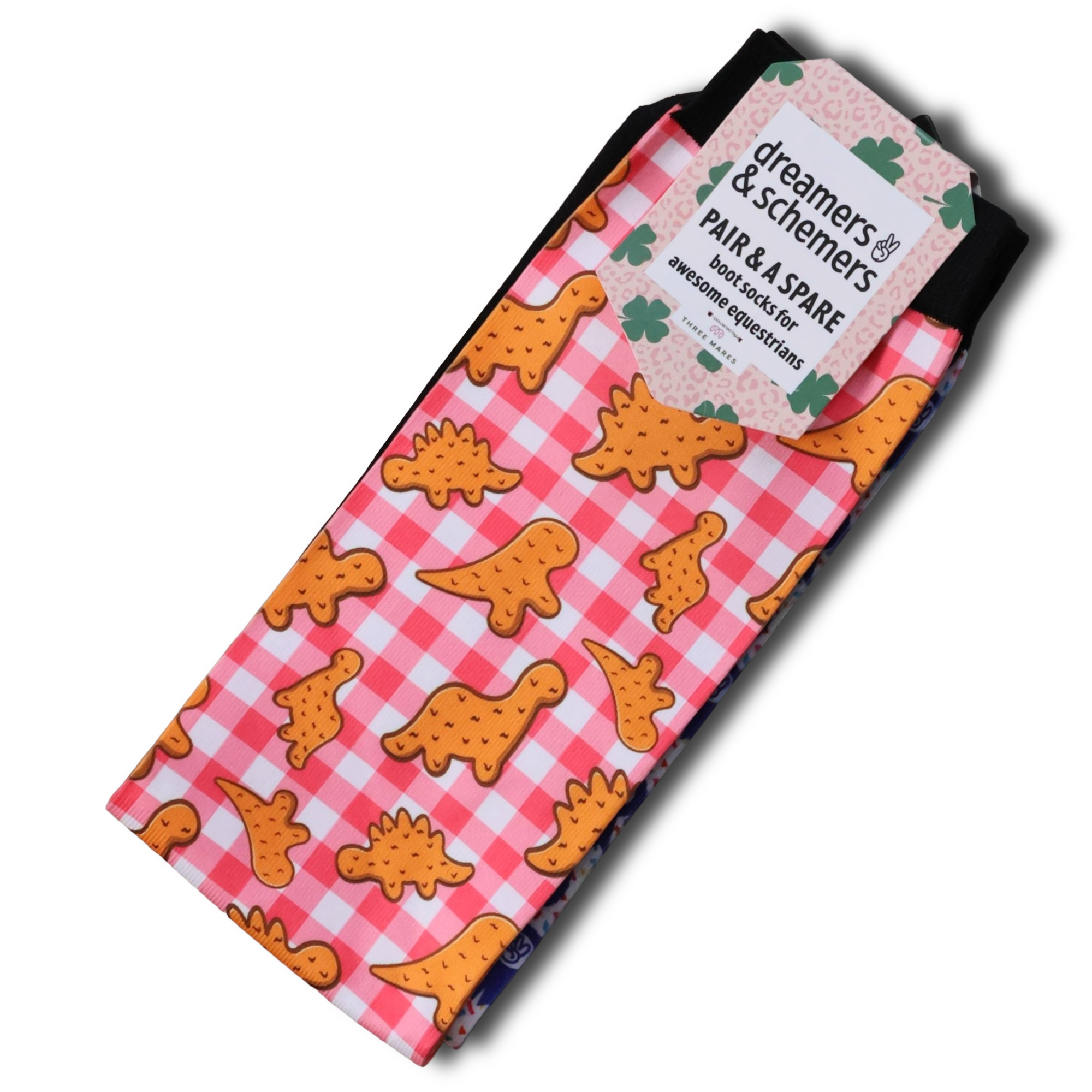 Dino Nuggies youth Pair & a Spare boot socks with dinosaur chicken nuggets, by Dreamers & Schemers