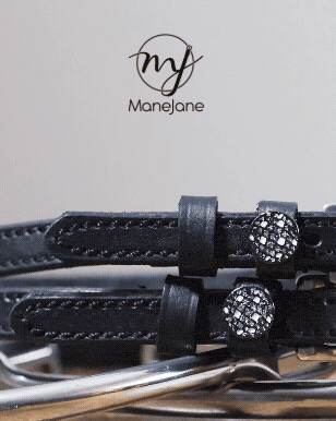 ManeJane branded graphic with disco ball spur straps and logo above a silver spur