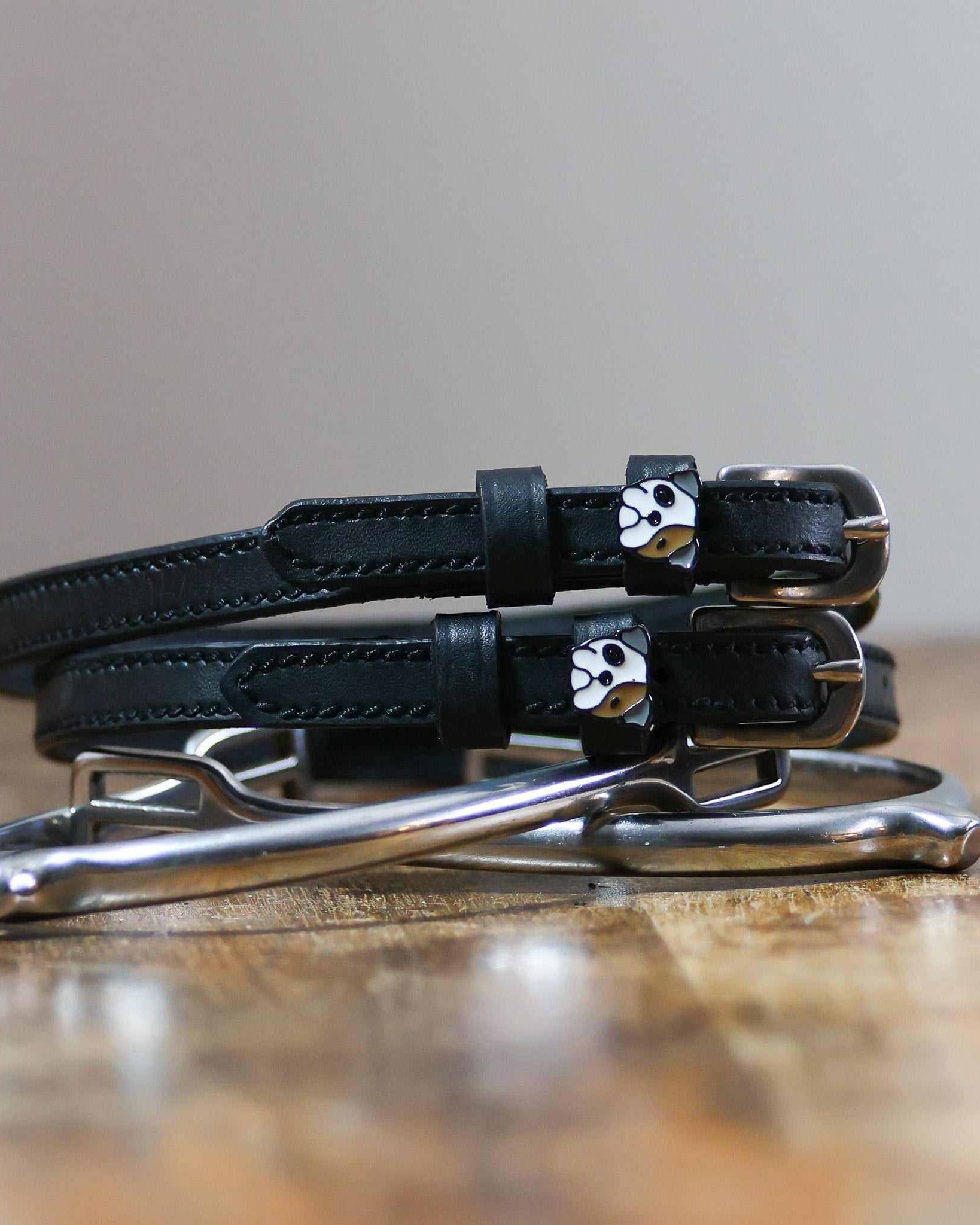 Black leather bulldog spur straps coiled on wood beside a silver bit