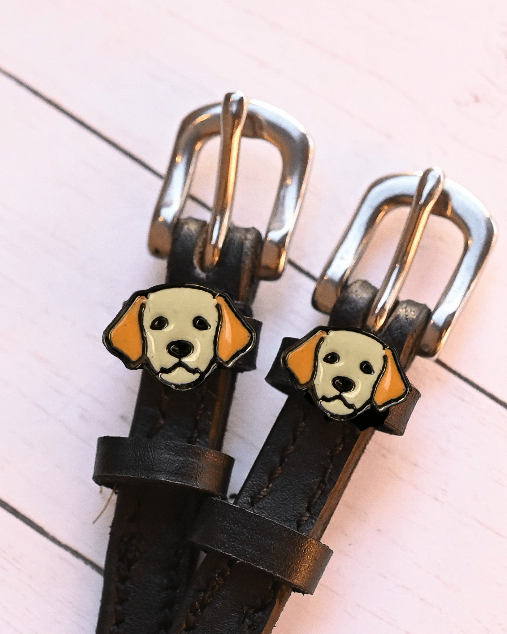 Close-up of golden retriever charms on black spur straps with silver buckles on pink planks