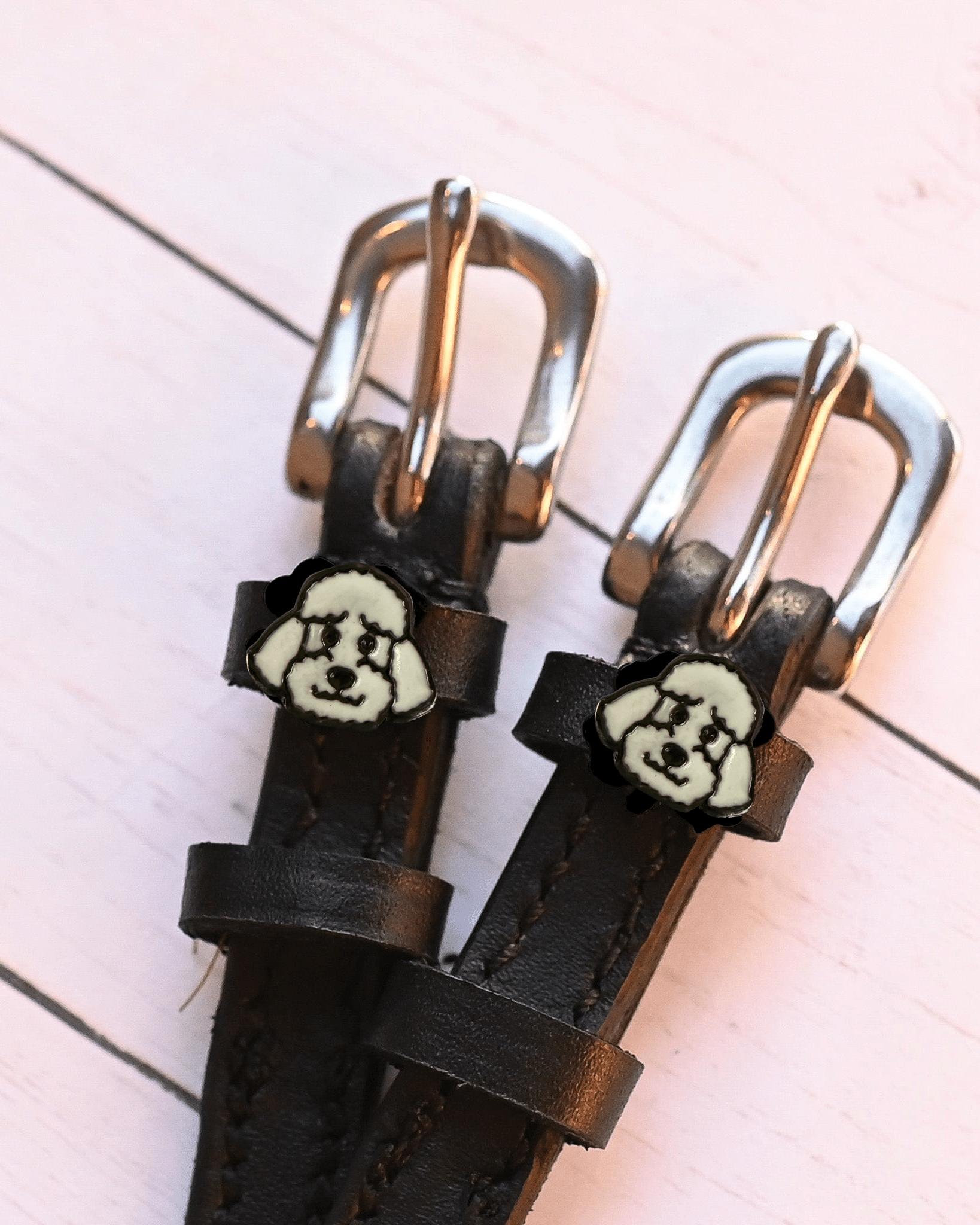 Black leather poodle face spur straps with silver buckles on pink wood planks
