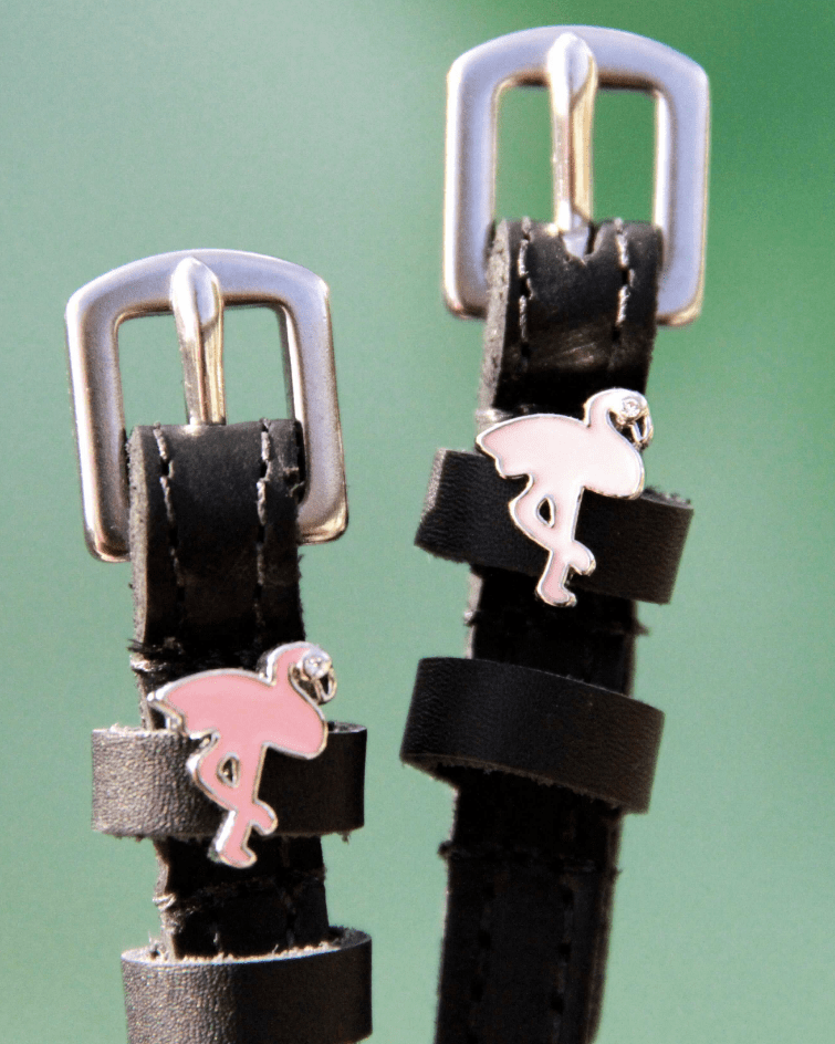 Detail of silver buckles and pink flamingo charms on ManeJane spur straps, green backdrop