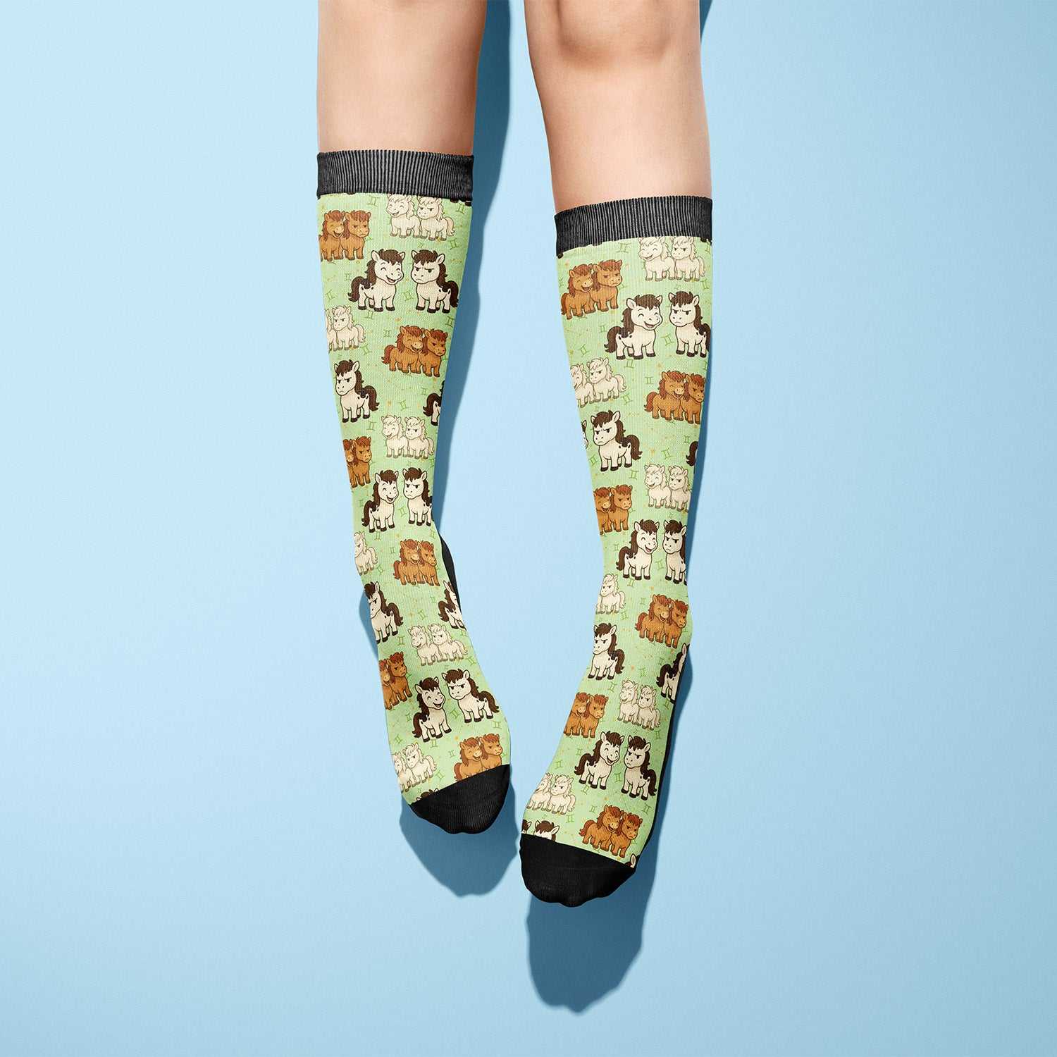 Limited edition Gemini zodiac boot socks with horse patterns, made in the USA, one size fits most