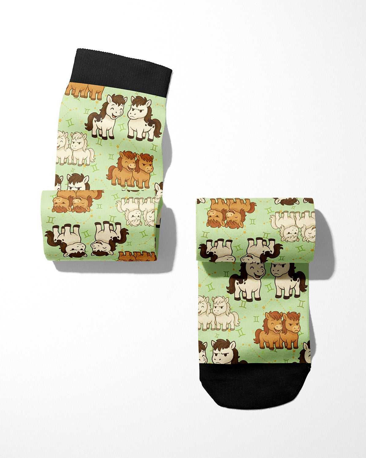 Limited edition Gemini zodiac boot socks with cute horse patterns, made in the USA, one size fits most