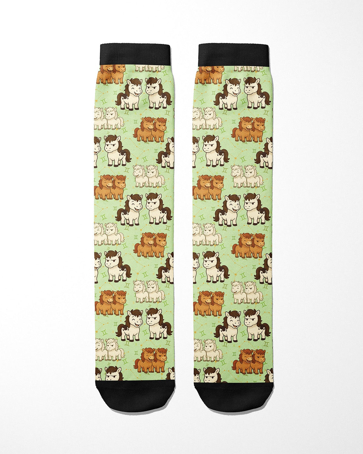 Gemini zodiac themed riding boot socks with horse patterns on green background, made in USA, cotton blend material.