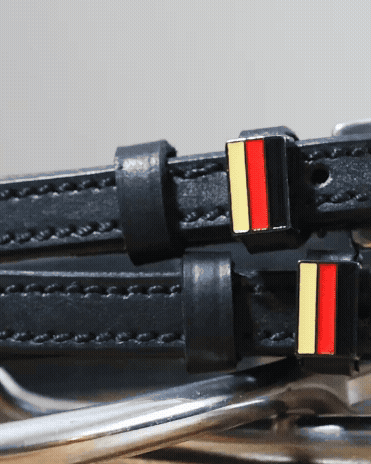 Close-up of German flag enamel charms on black leather spur straps over a silver spur