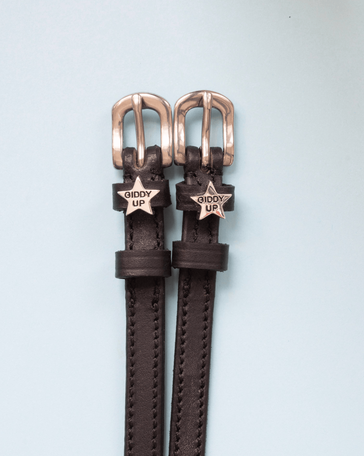Brown leather spur straps with rose gold buckles and 'Giddy Up' star charms on light blue