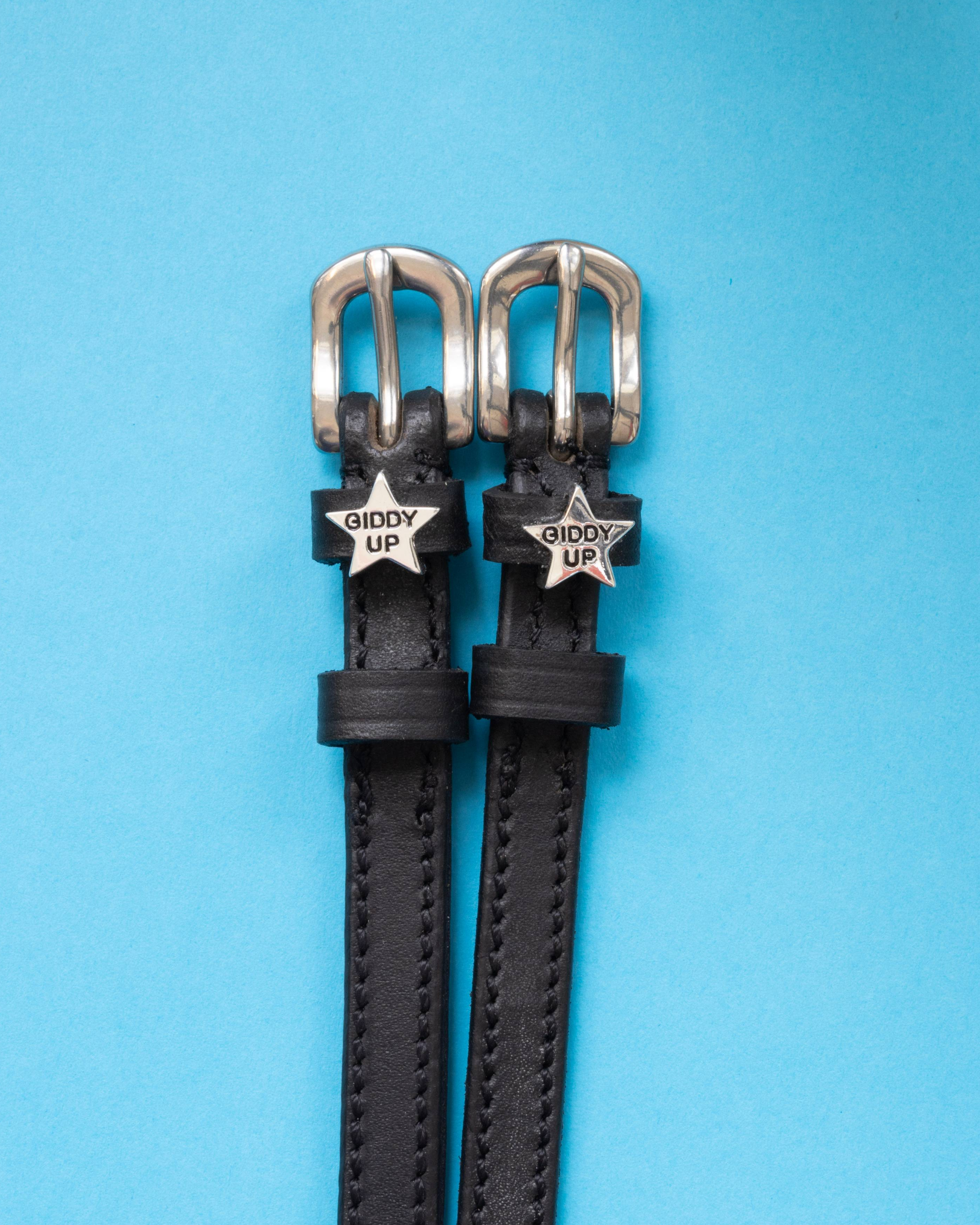 Pair of black leather 'Giddy Up' star spur straps with silver buckles on bright blue