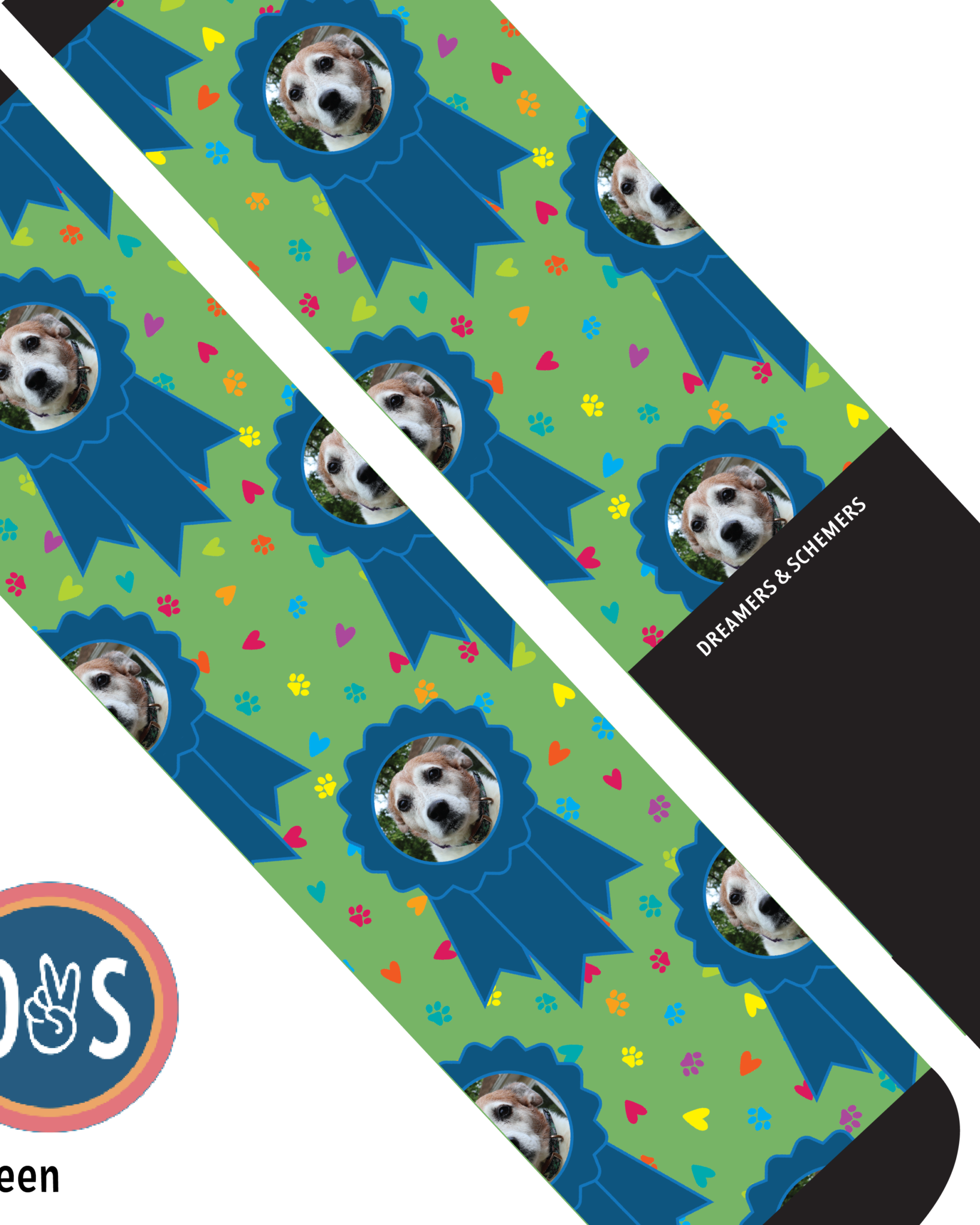 Custom boot socks with personalized photo and pattern, Blue Ribbon & Paw-fect design