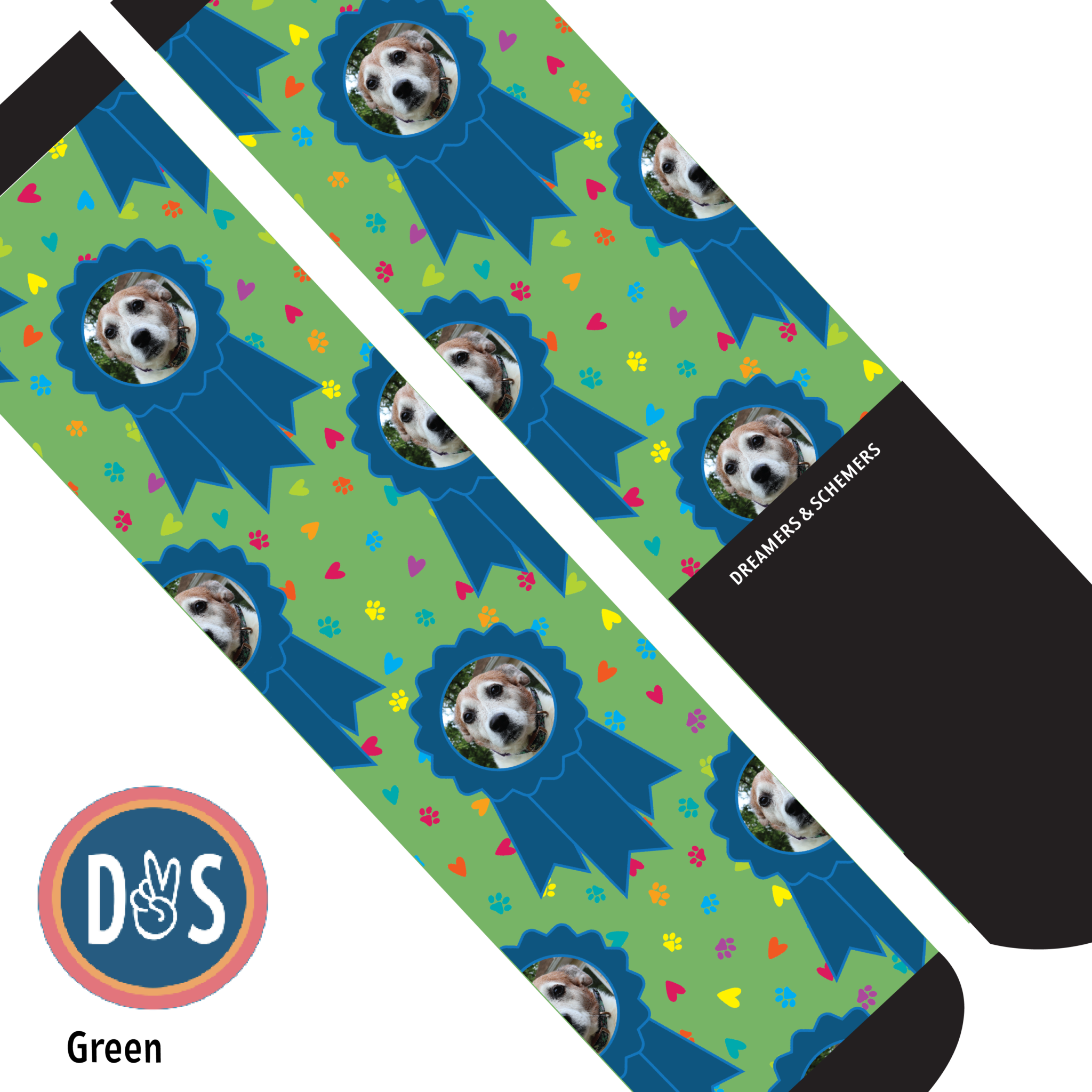 Custom boot socks with personalized photo and pattern, Blue Ribbon & Paw-fect design