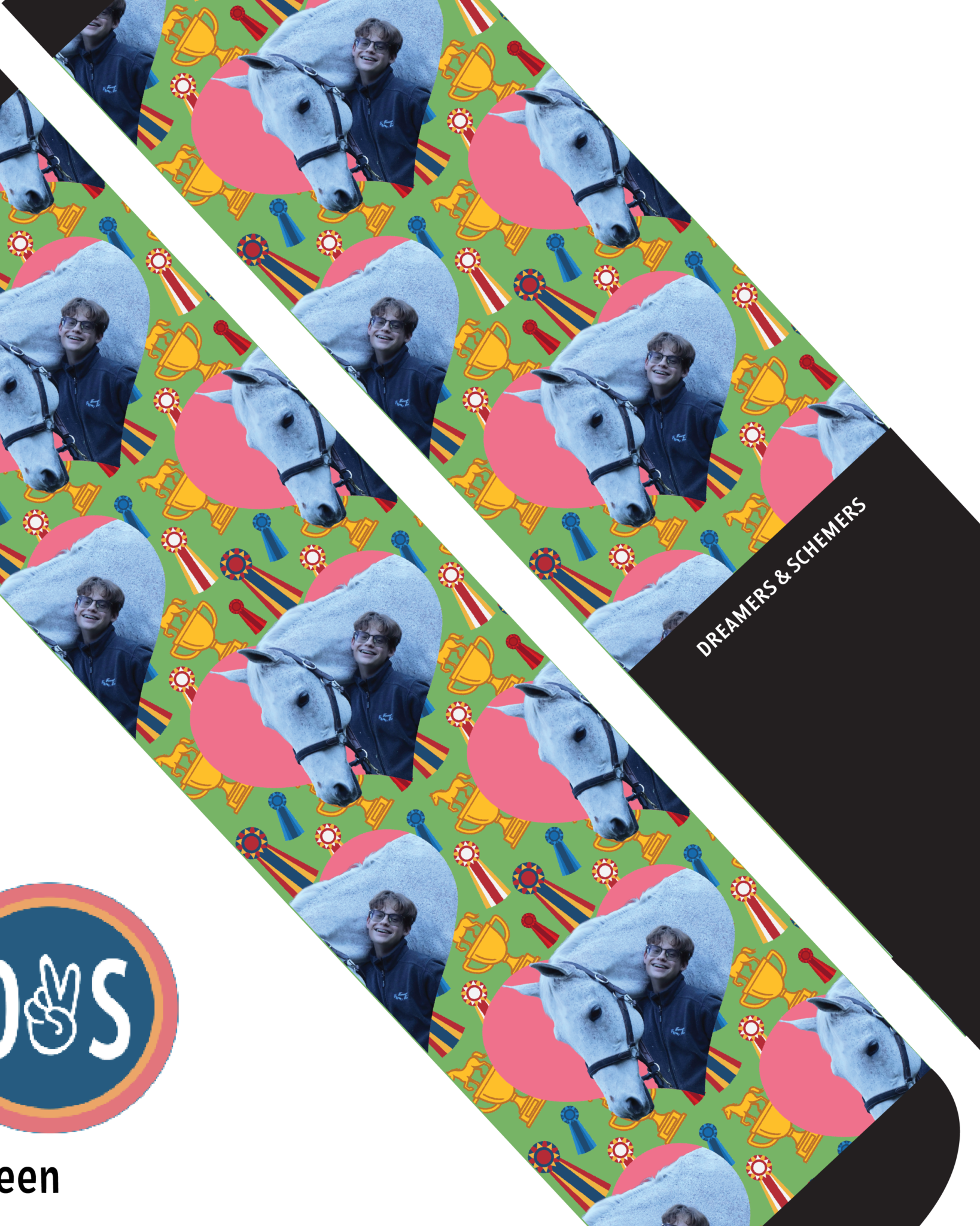 Custom socks with personalized photo and heart pattern, made in USA, Dreamers & Schemers Boot Socks design