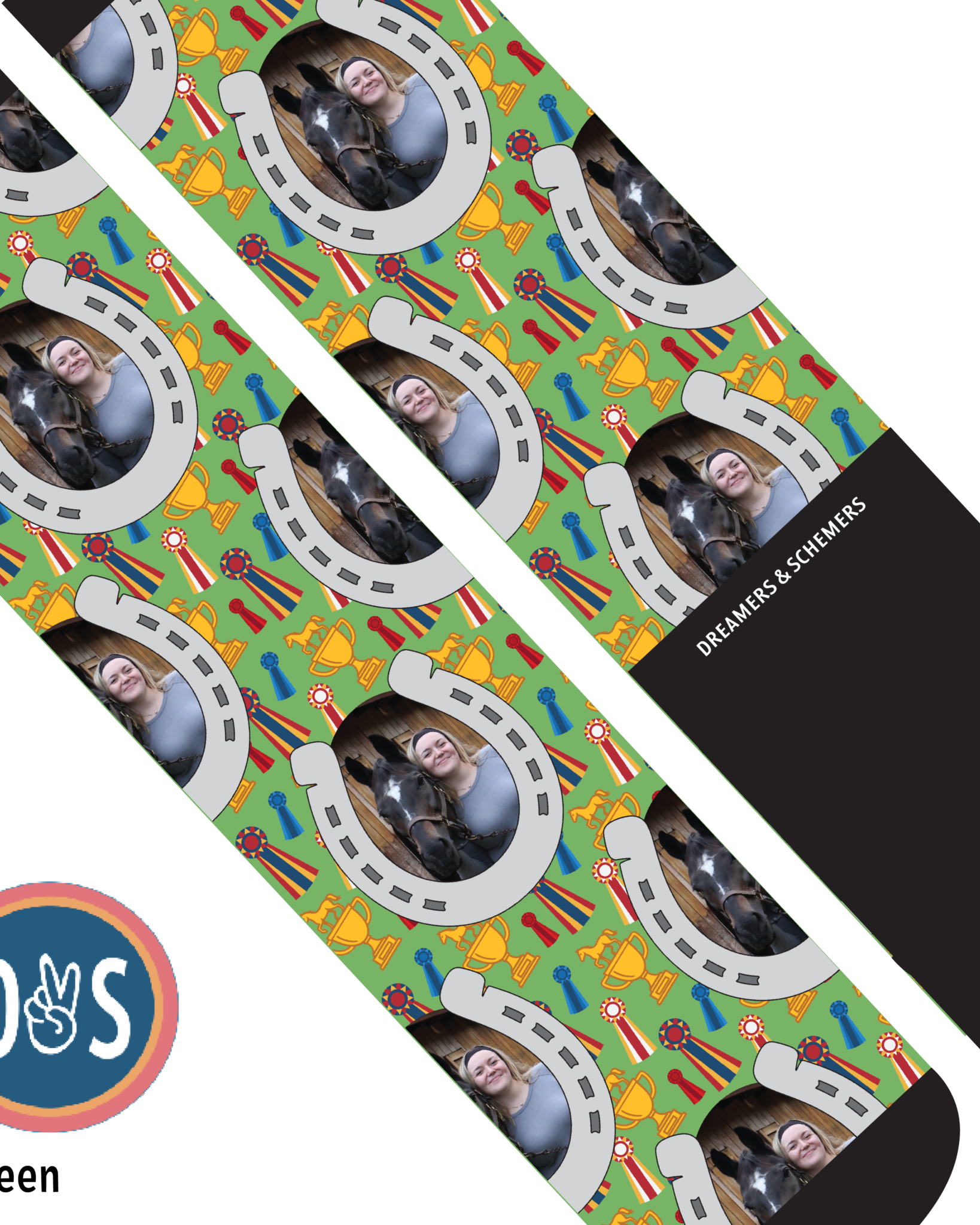 Custom boot socks featuring horseshoes and winner design for personalized style