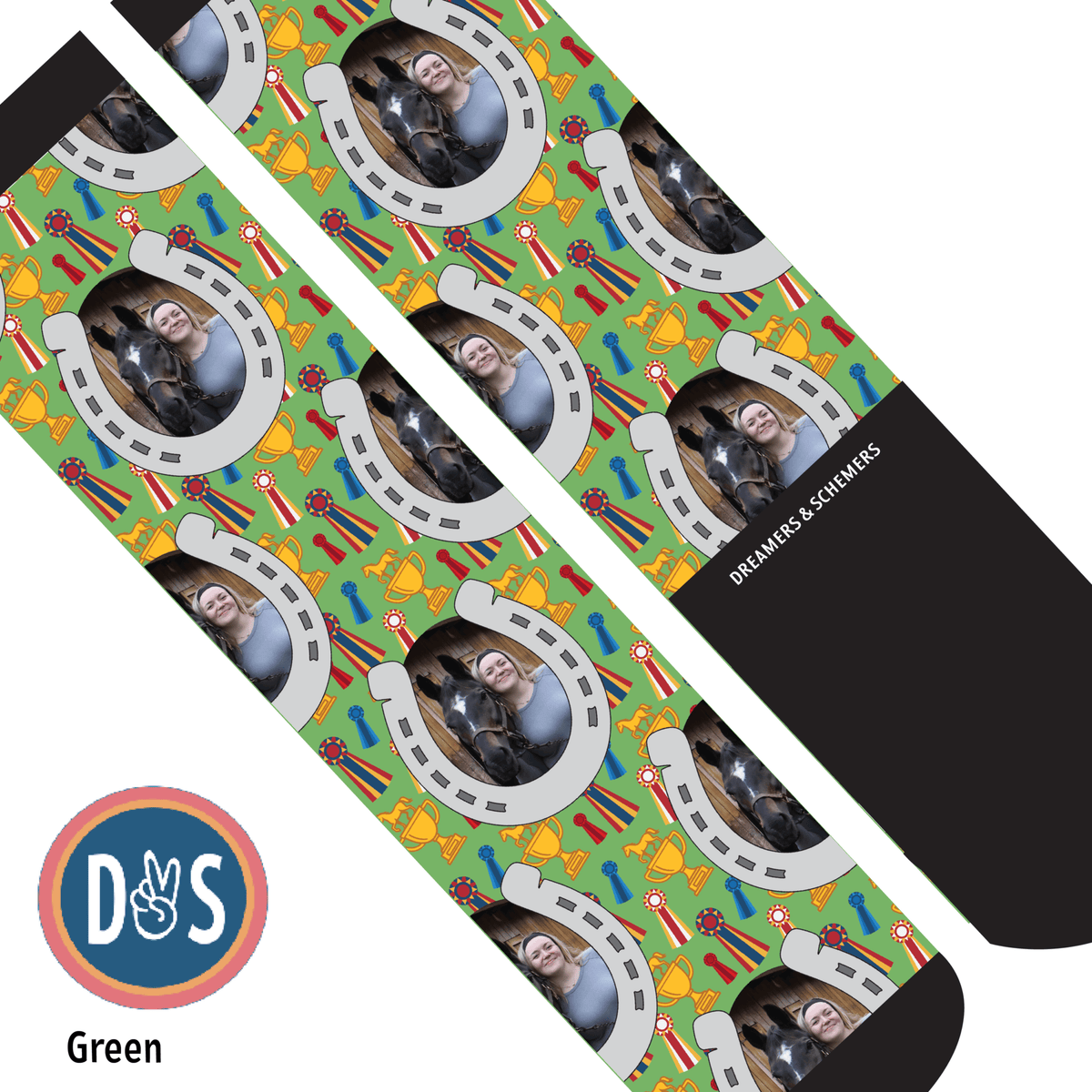 Custom boot socks featuring horseshoes and winner design for personalized style