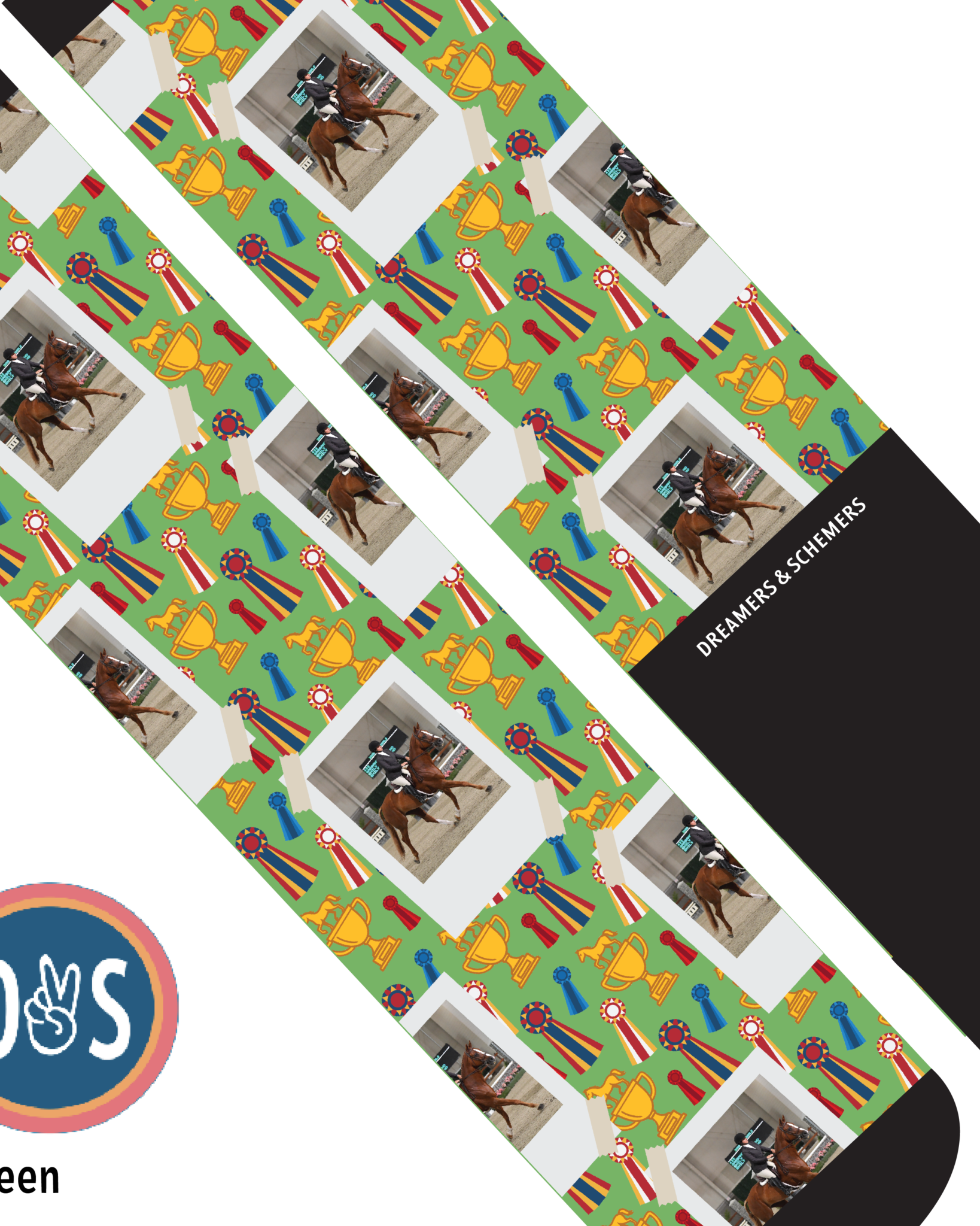 Custom green boot socks with horse photo and award ribbon pattern by Dreamers & Schemers