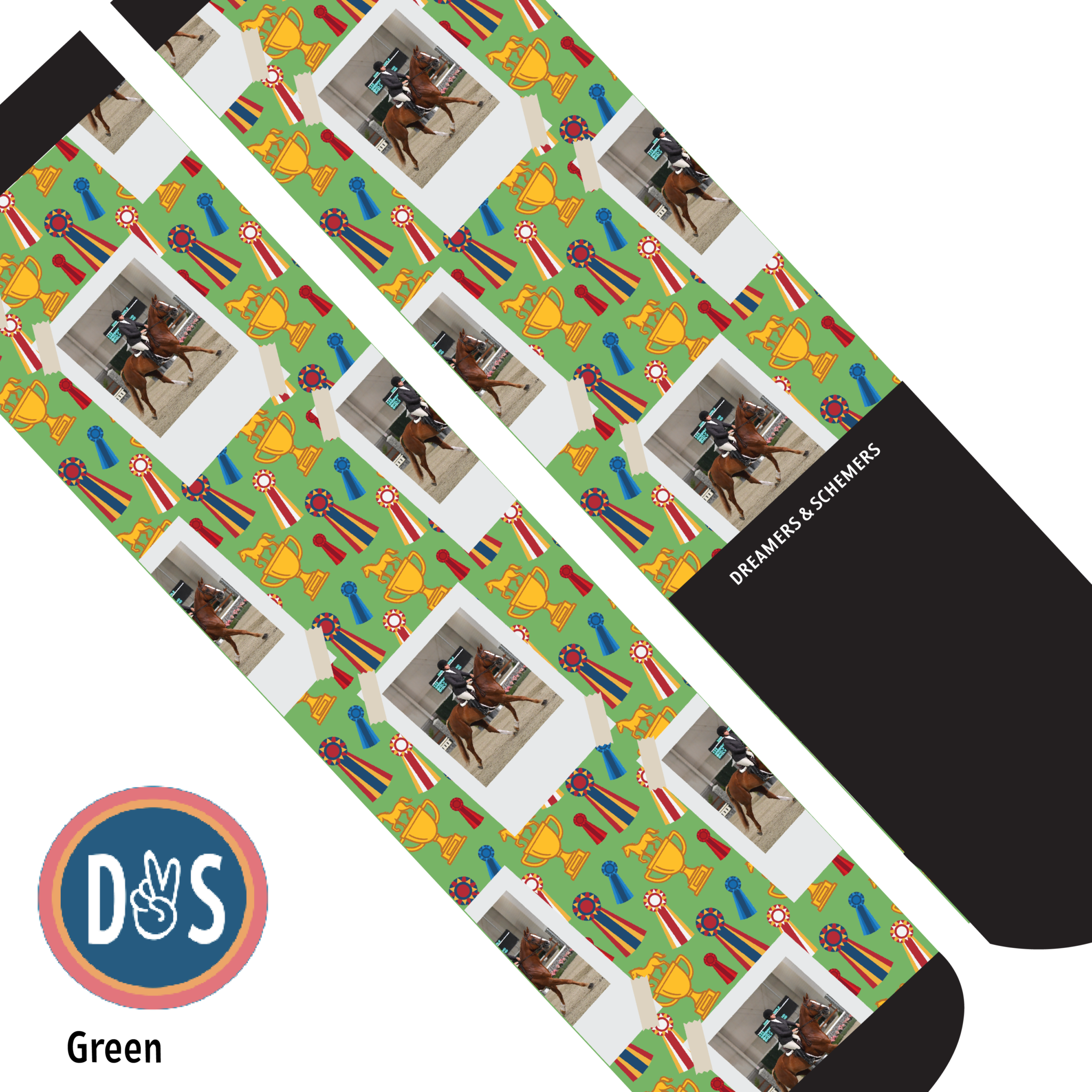 Custom green boot socks with horse photo and award ribbon pattern by Dreamers & Schemers