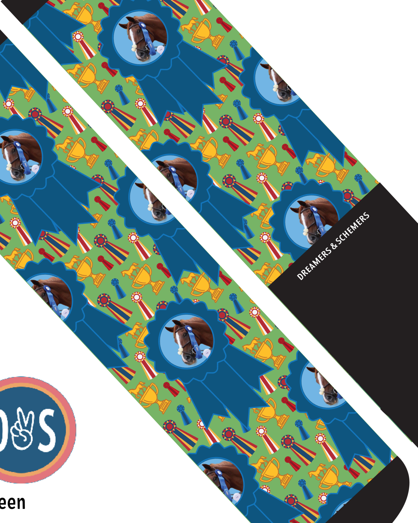 Custom blue ribbon and winner-themed boot socks featuring personalized photo design