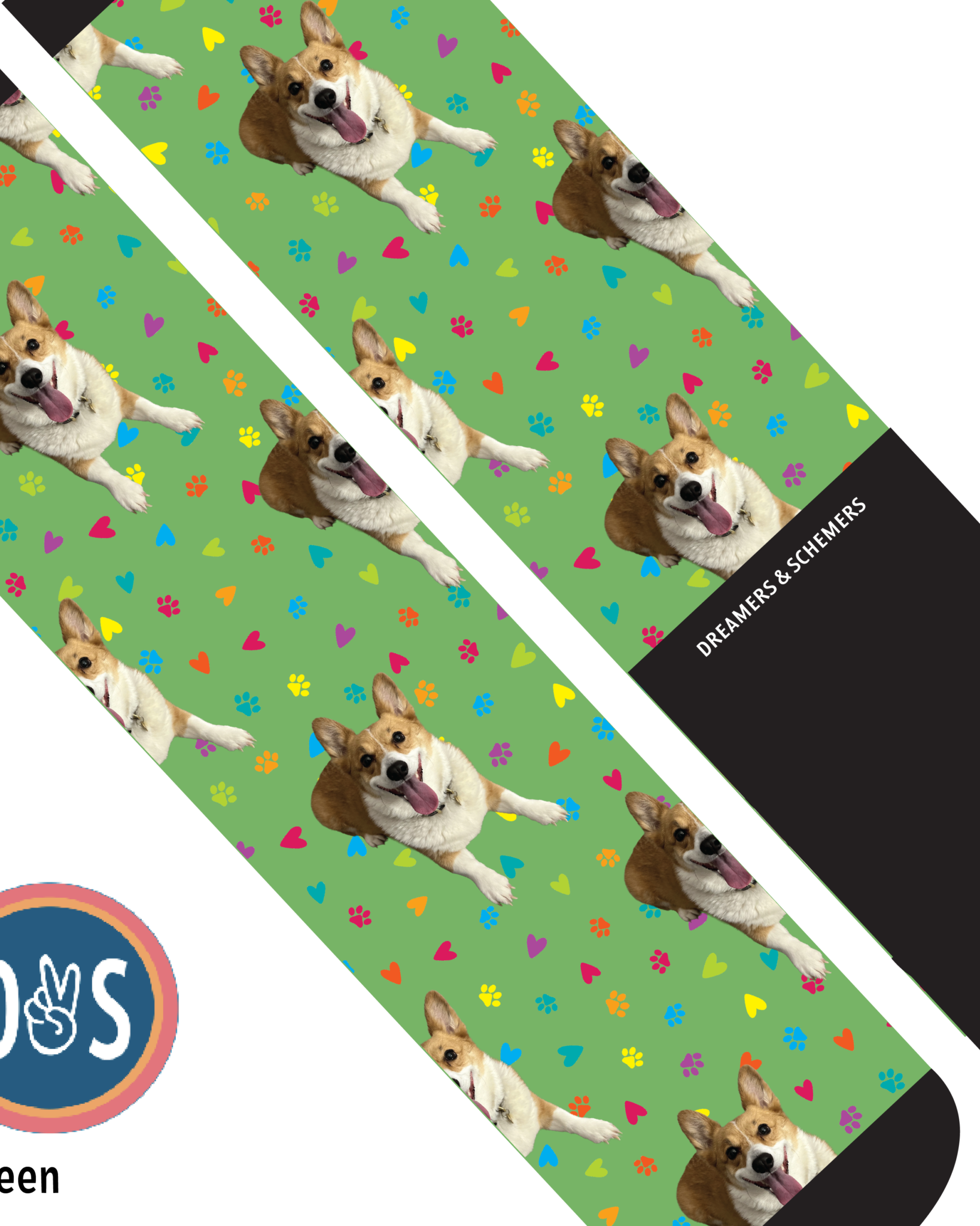 Green custom boot socks with a repeated corgi dog pattern and colorful paw prints
