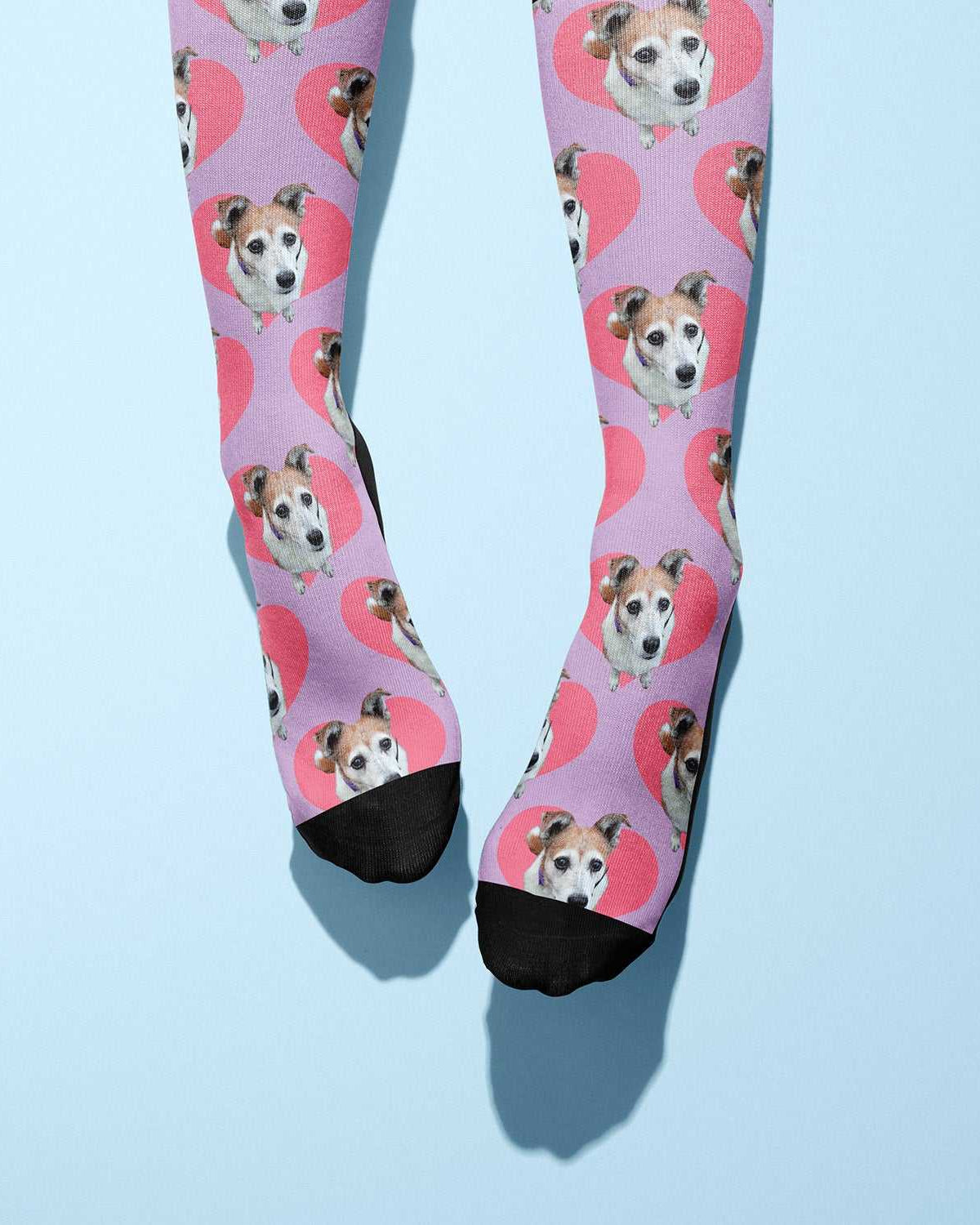Hearts custom photo equestrian boot socks, product mockup showing the full design