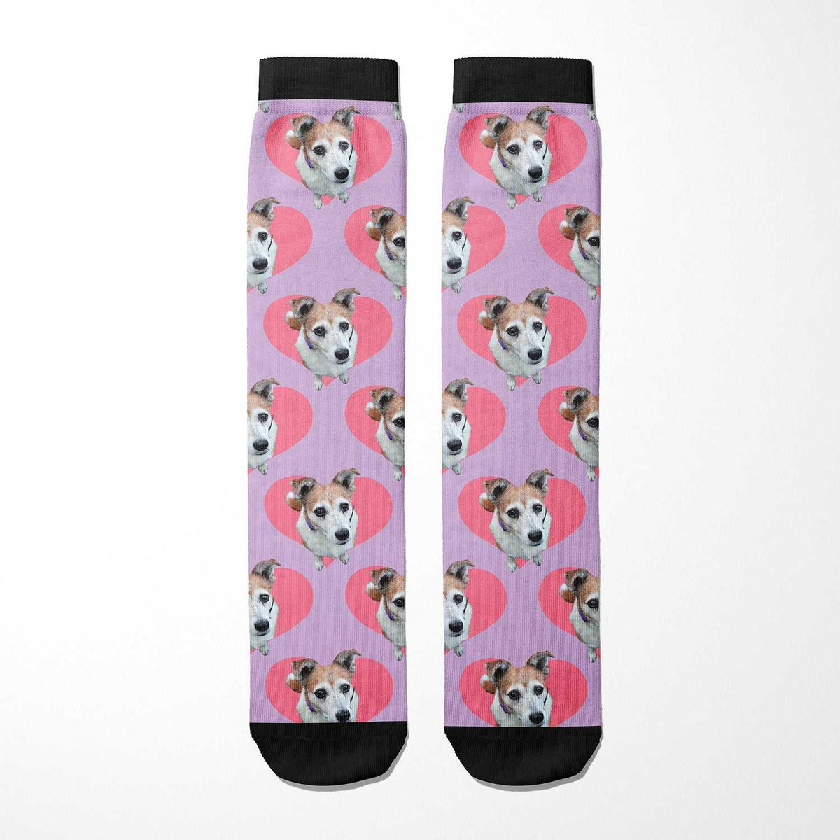 Hearts custom photo equestrian boot socks, product mockup showing the full design