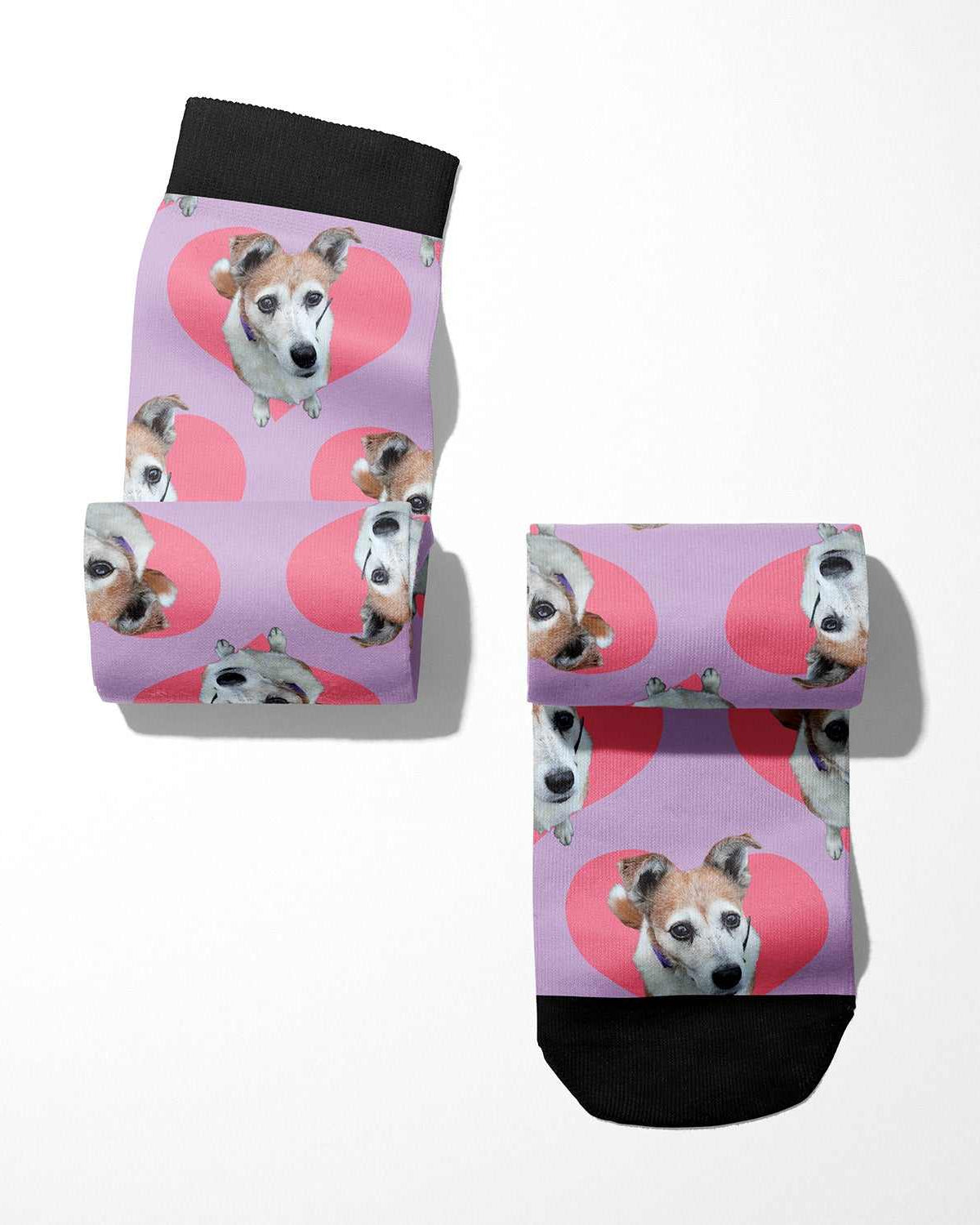 Hearts custom photo equestrian boot socks, product mockup showing the full design