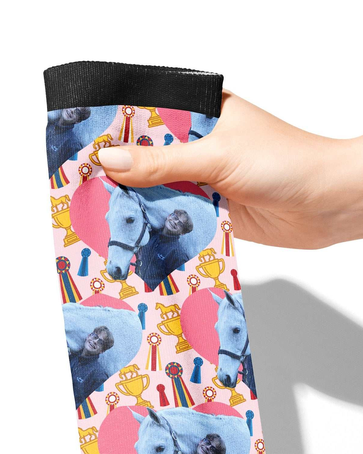 Custom socks featuring hearts and winner winner design with personalized photo option