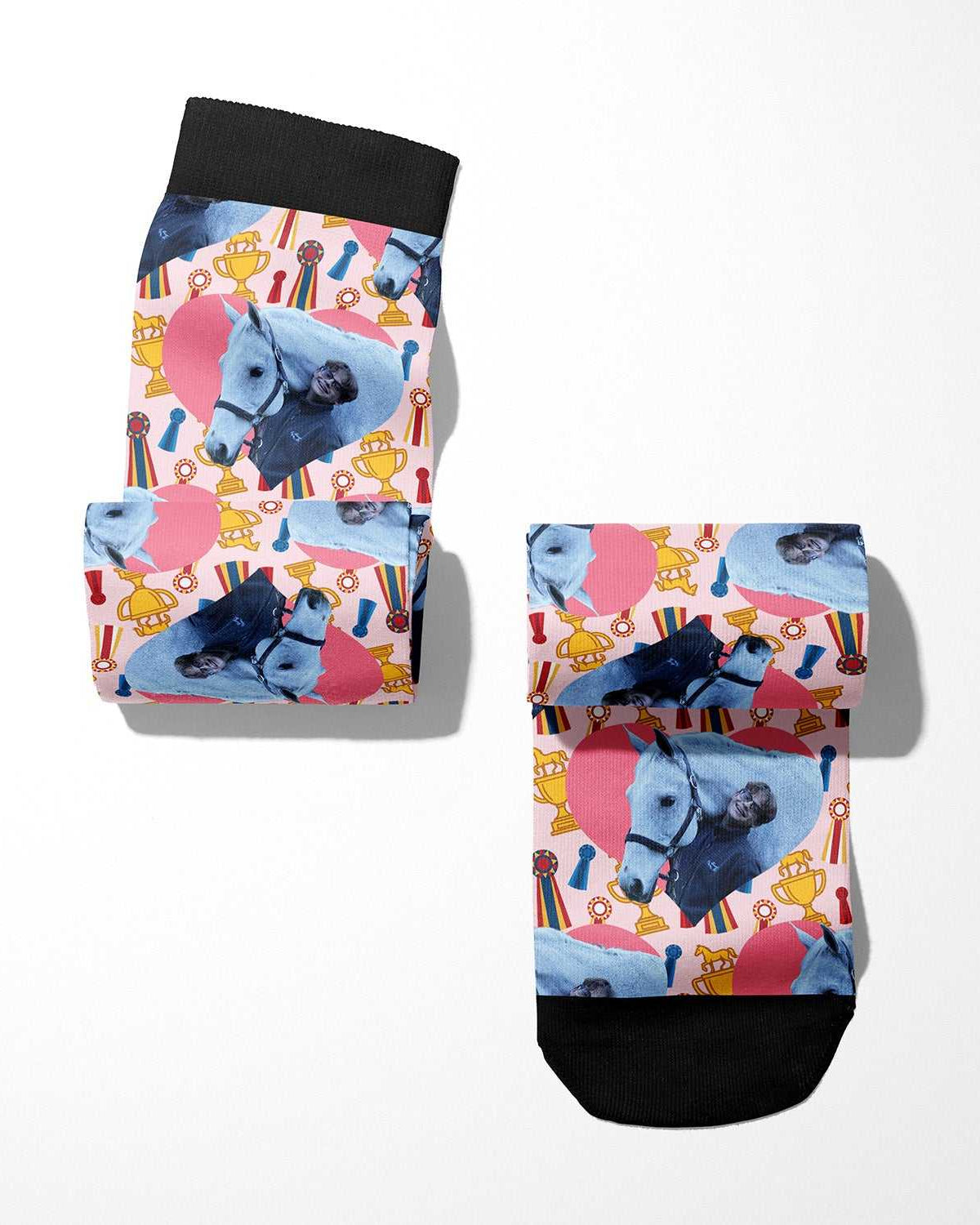 Custom socks featuring personalized photo boot socks with Hearts & Winner Winner design