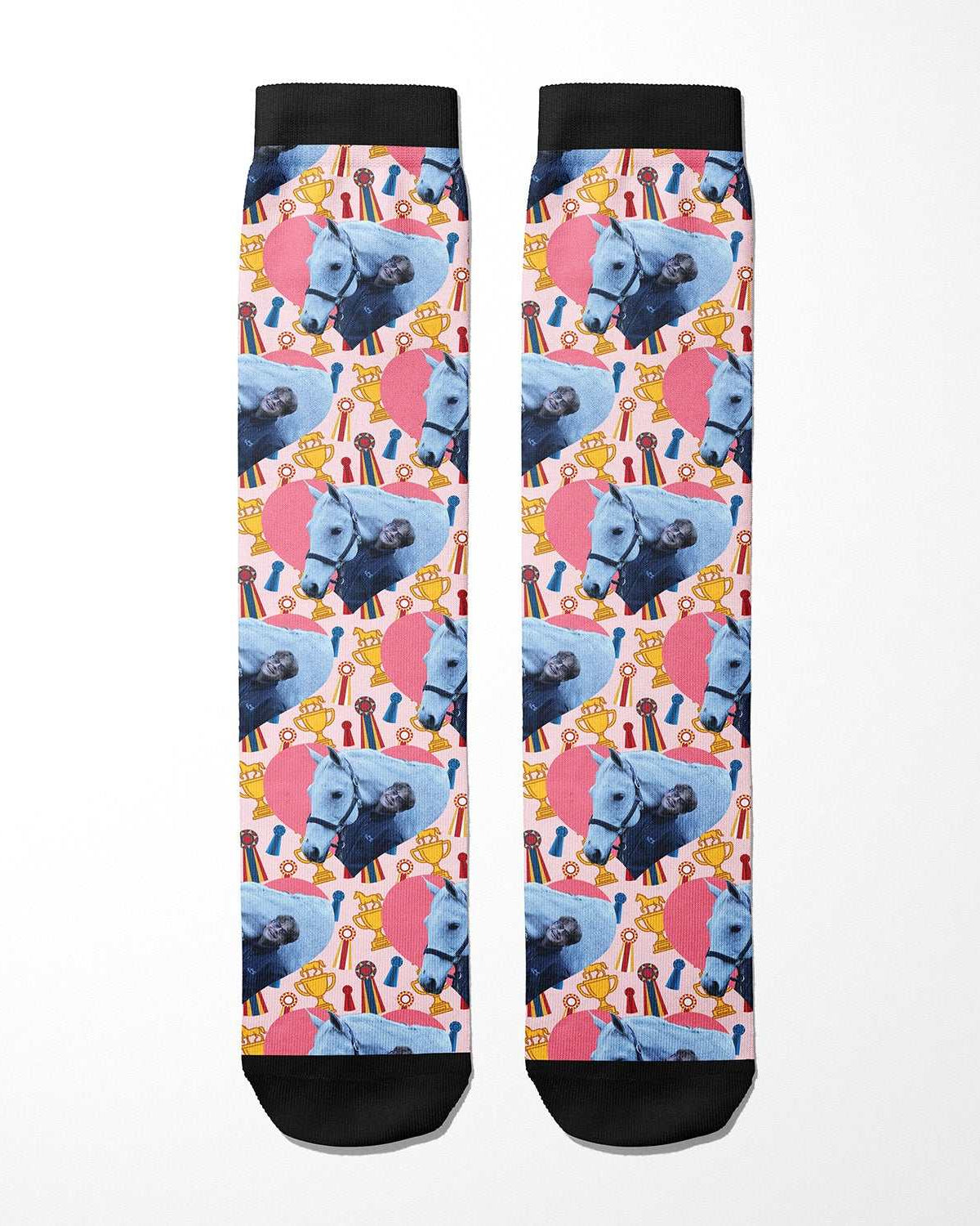 Custom socks with hearts and winner winner design featuring personalized photo on Dreamers & Schemers Boot Socks