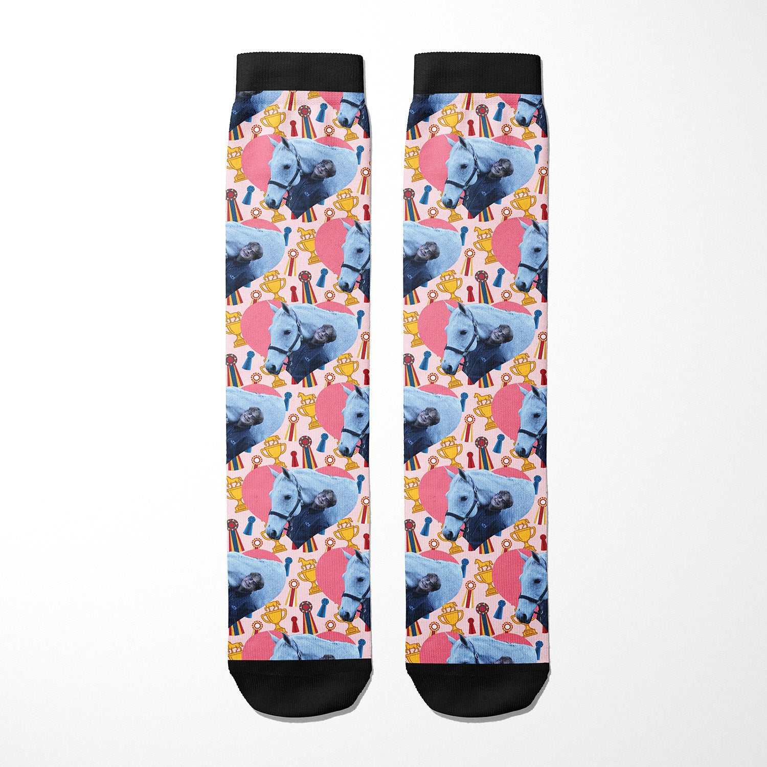 Custom socks with hearts and winner winner design featuring personalized photo on Dreamers & Schemers Boot Socks