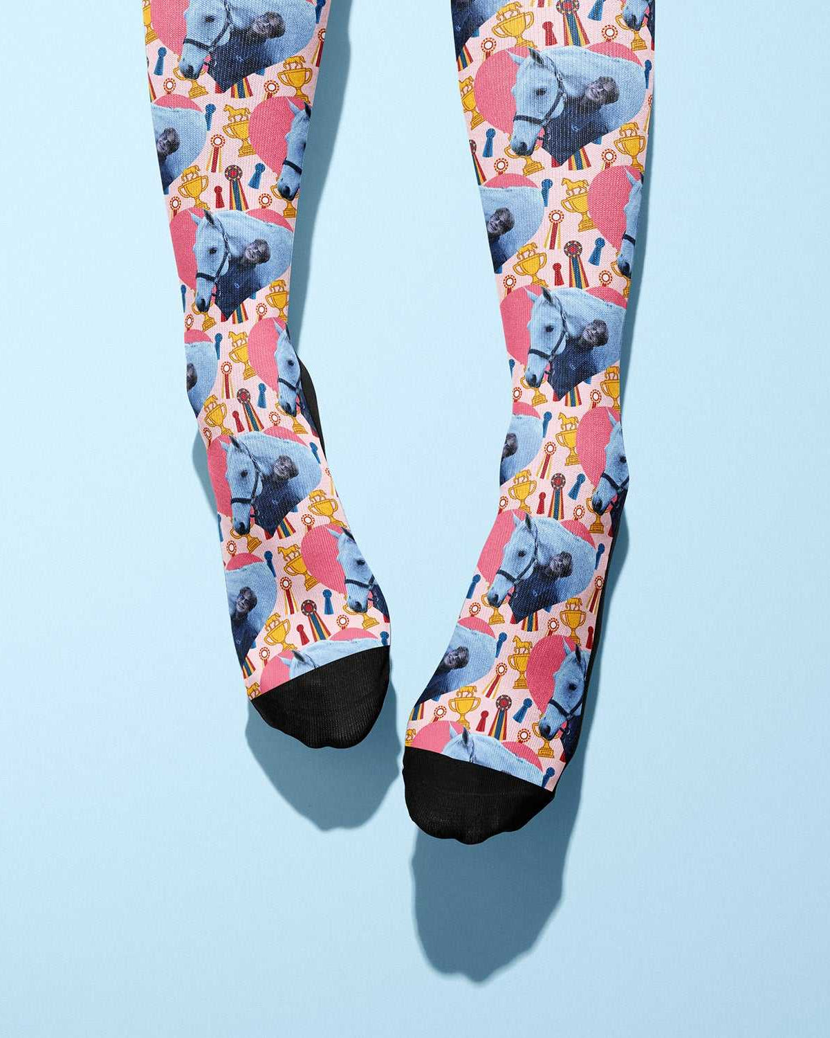 Custom socks with hearts and winner winner design featuring personalized photo on Dreamers & Schemers Boot Socks