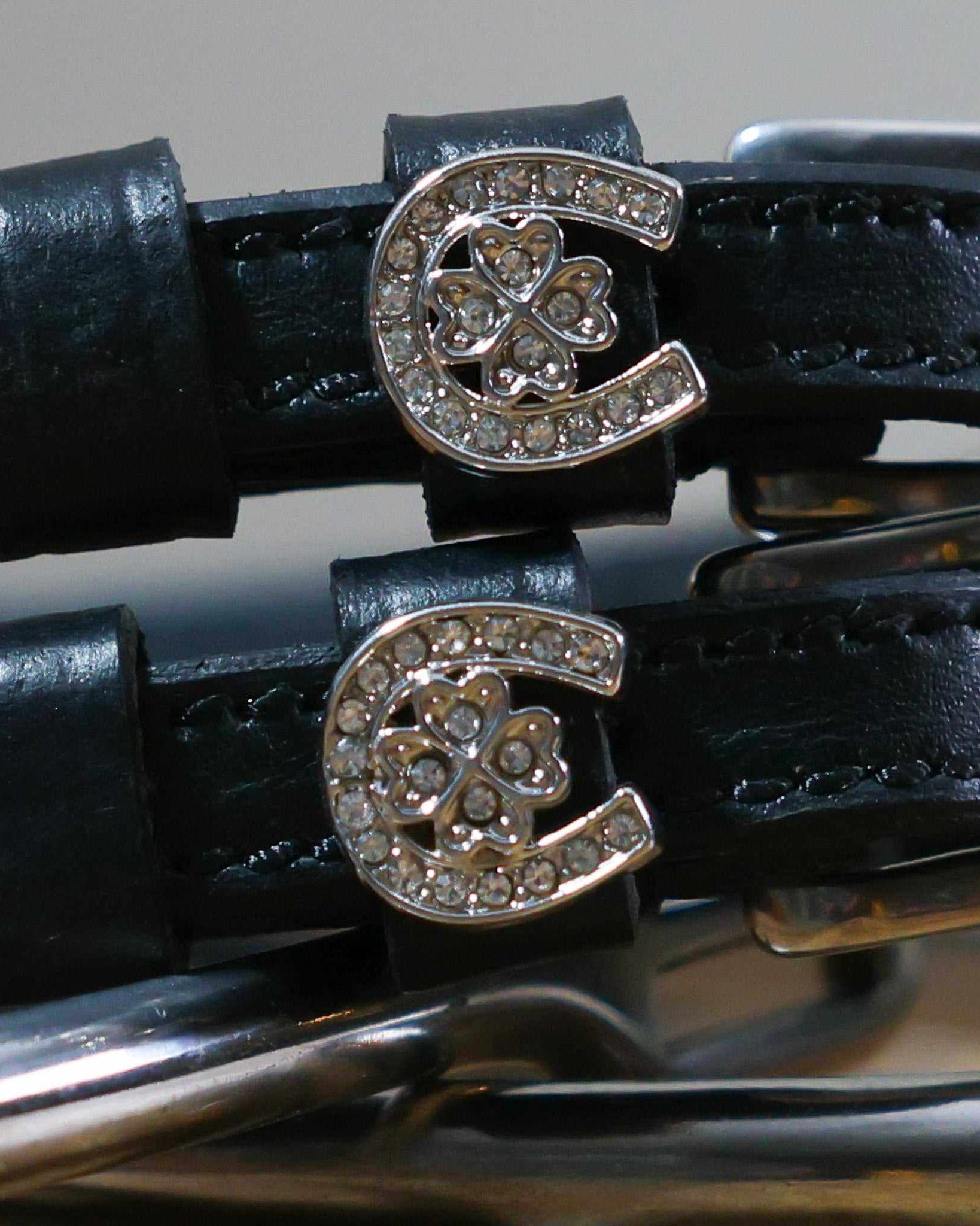 Close-up of rhinestone horseshoe-and-clover charms on black leather spur strap keepers