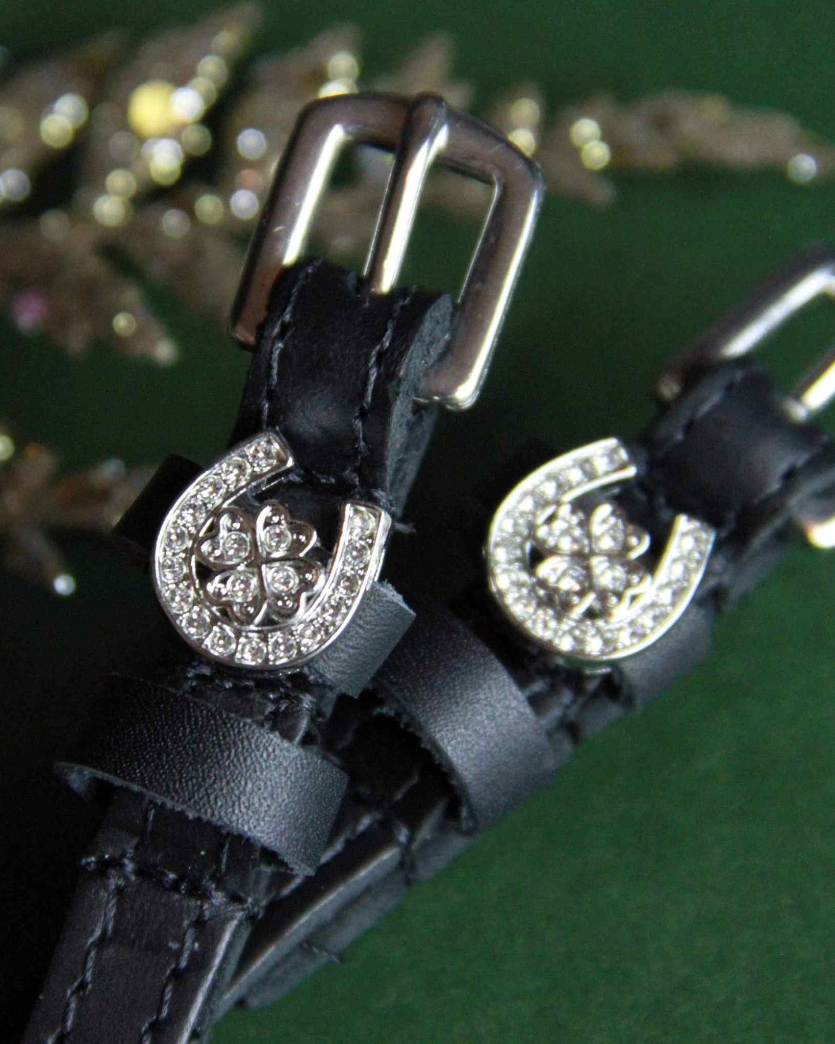 Close-up of crystal horseshoe-clover spur strap charms with dark buckles on green