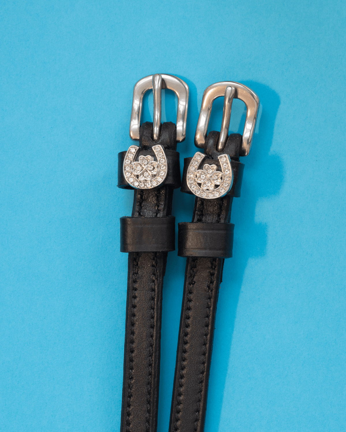 Pair of black leather horseshoe clover spur straps with crystal charms on light blue