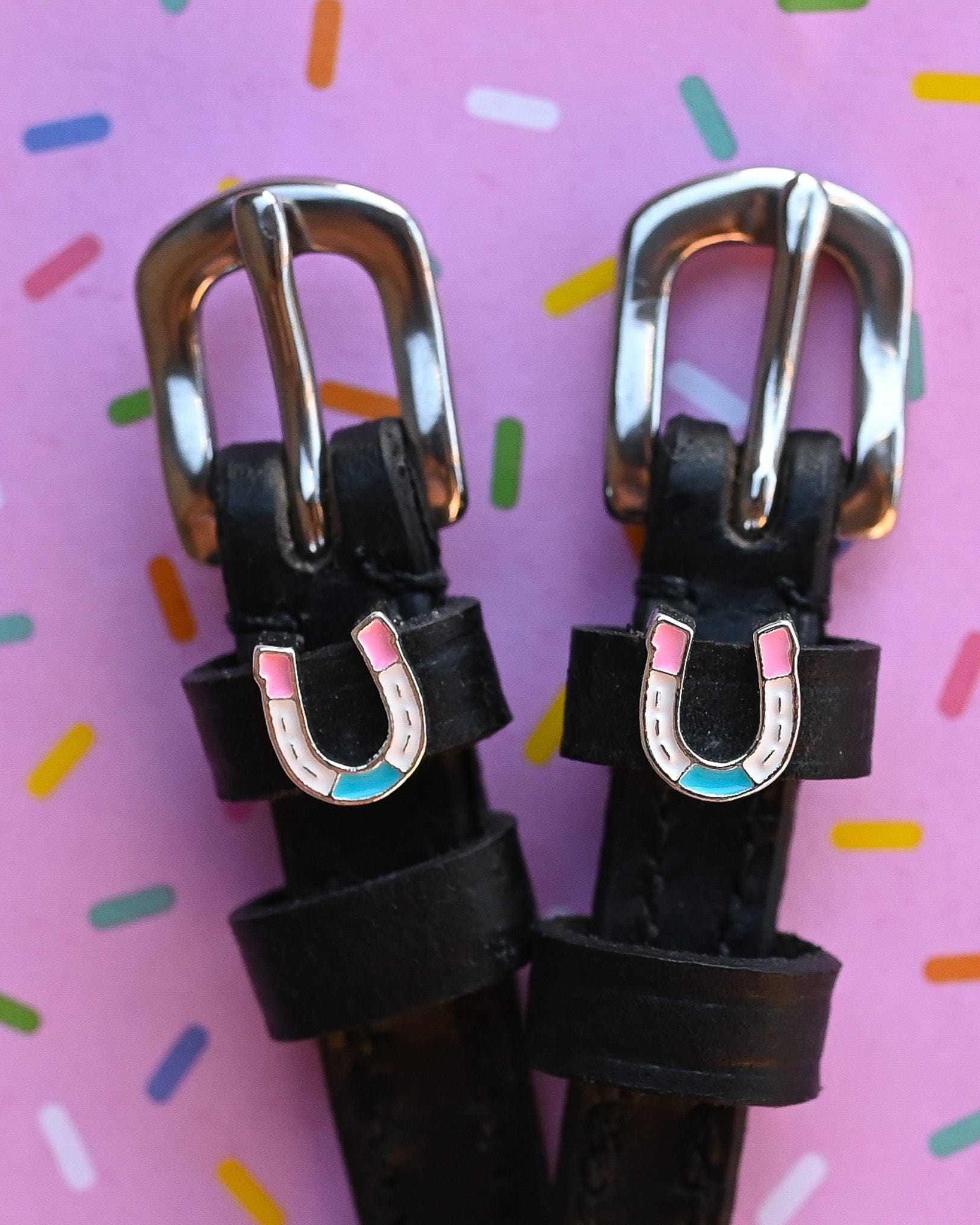 Silver buckles and horseshoe charms of spur straps on a pink confetti sprinkle background