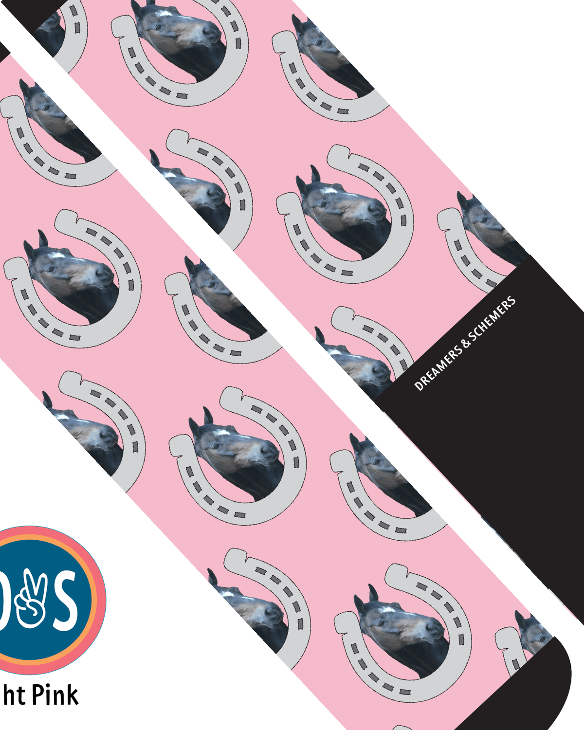 Light pink custom horseshoe socks with repeated horse photo pattern and black heel and toe sections