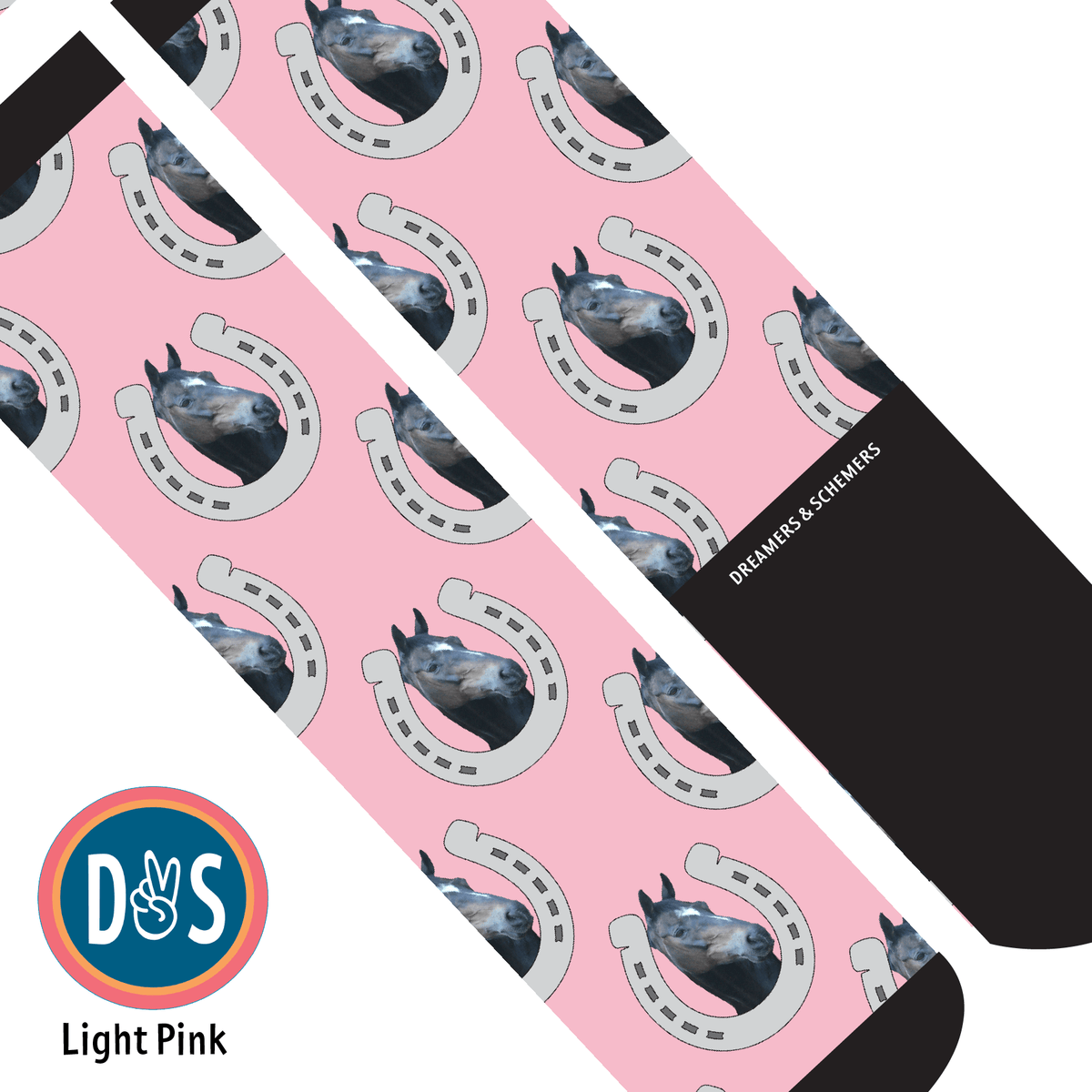 Light pink custom horseshoe socks with repeated horse photo pattern and black heel and toe sections