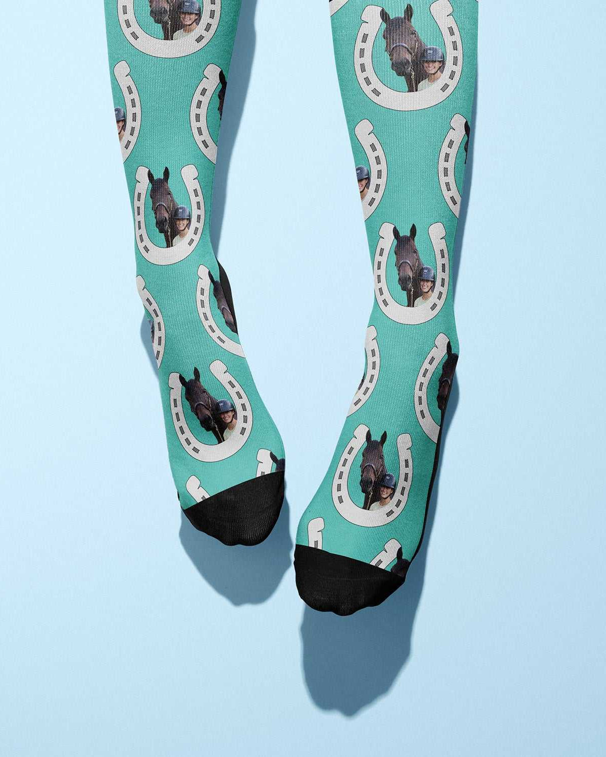 Horseshoes custom photo equestrian boot socks, product mockup showing the full design