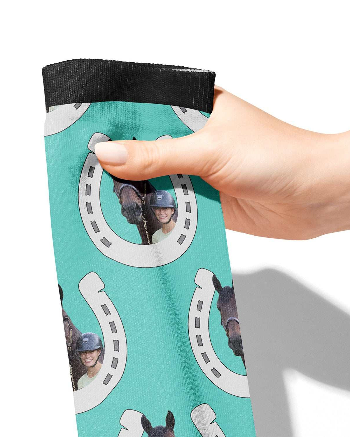 Horseshoes custom photo equestrian boot socks featuring horseshoe print, product mockup showing the full design, by Dreamers & Schemers