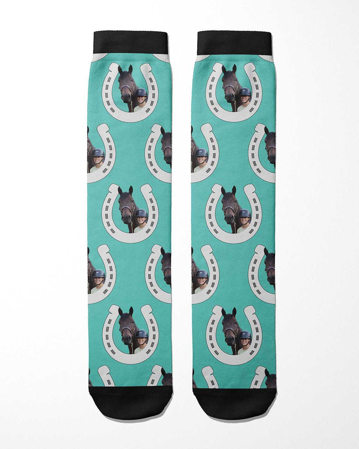 Horseshoes custom photo equestrian boot socks, product mockup showing the full design