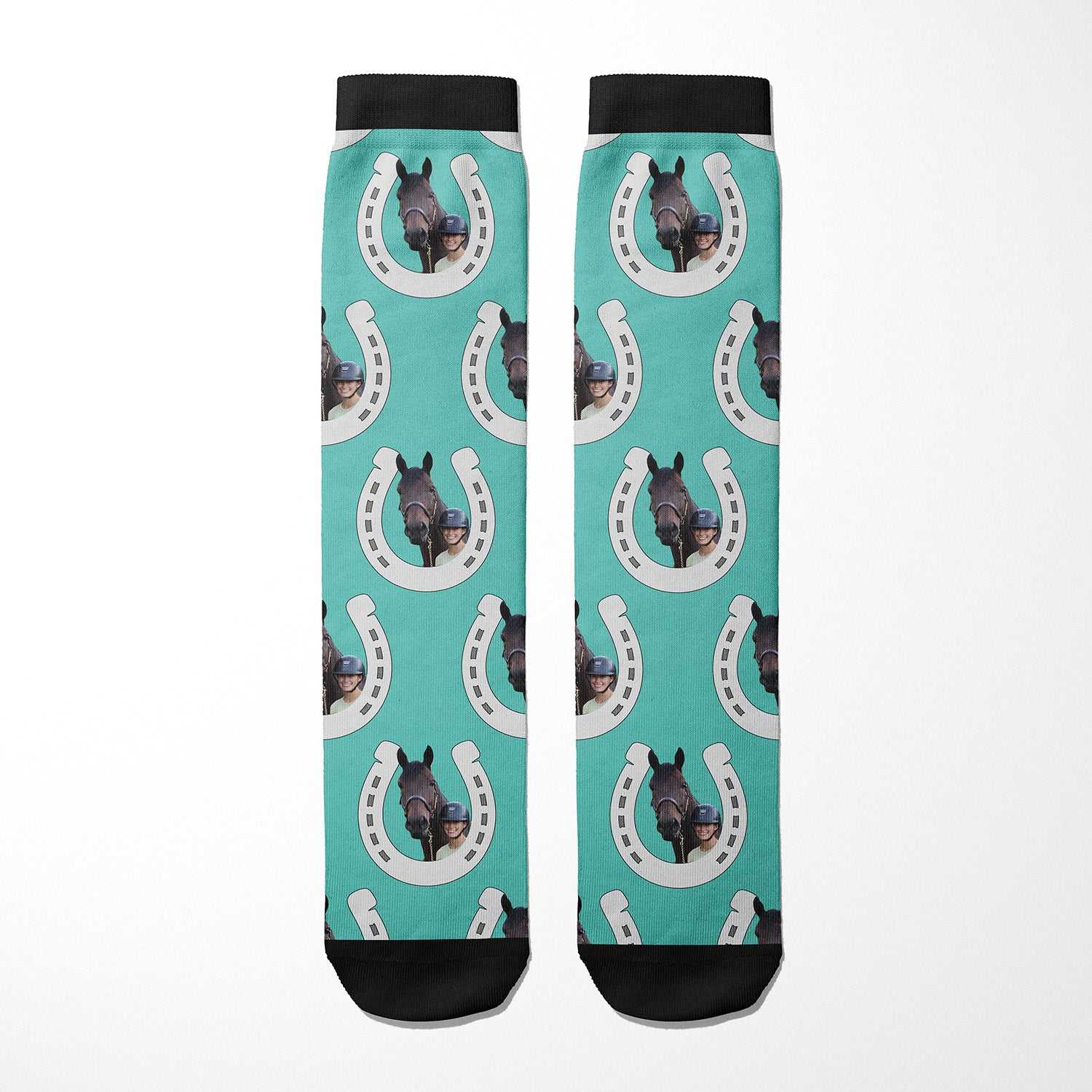 Horseshoes custom photo equestrian boot socks, product mockup showing the full design
