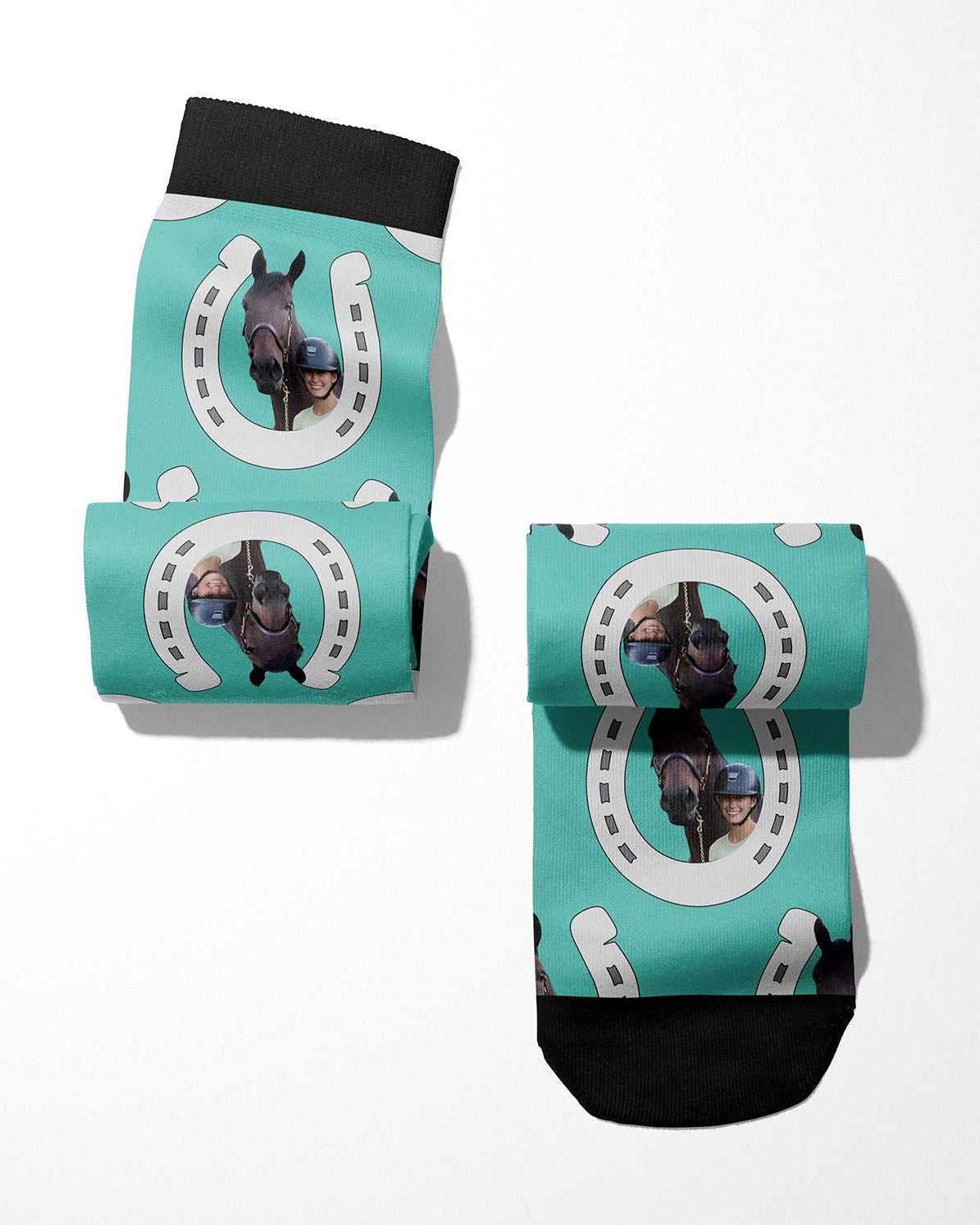 Horseshoes custom photo equestrian boot socks, product mockup showing the full design
