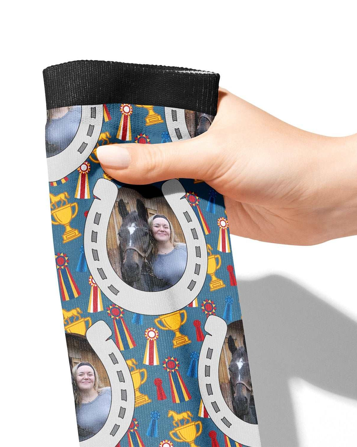 Custom boot socks featuring personalized horseshoes and winner winner design