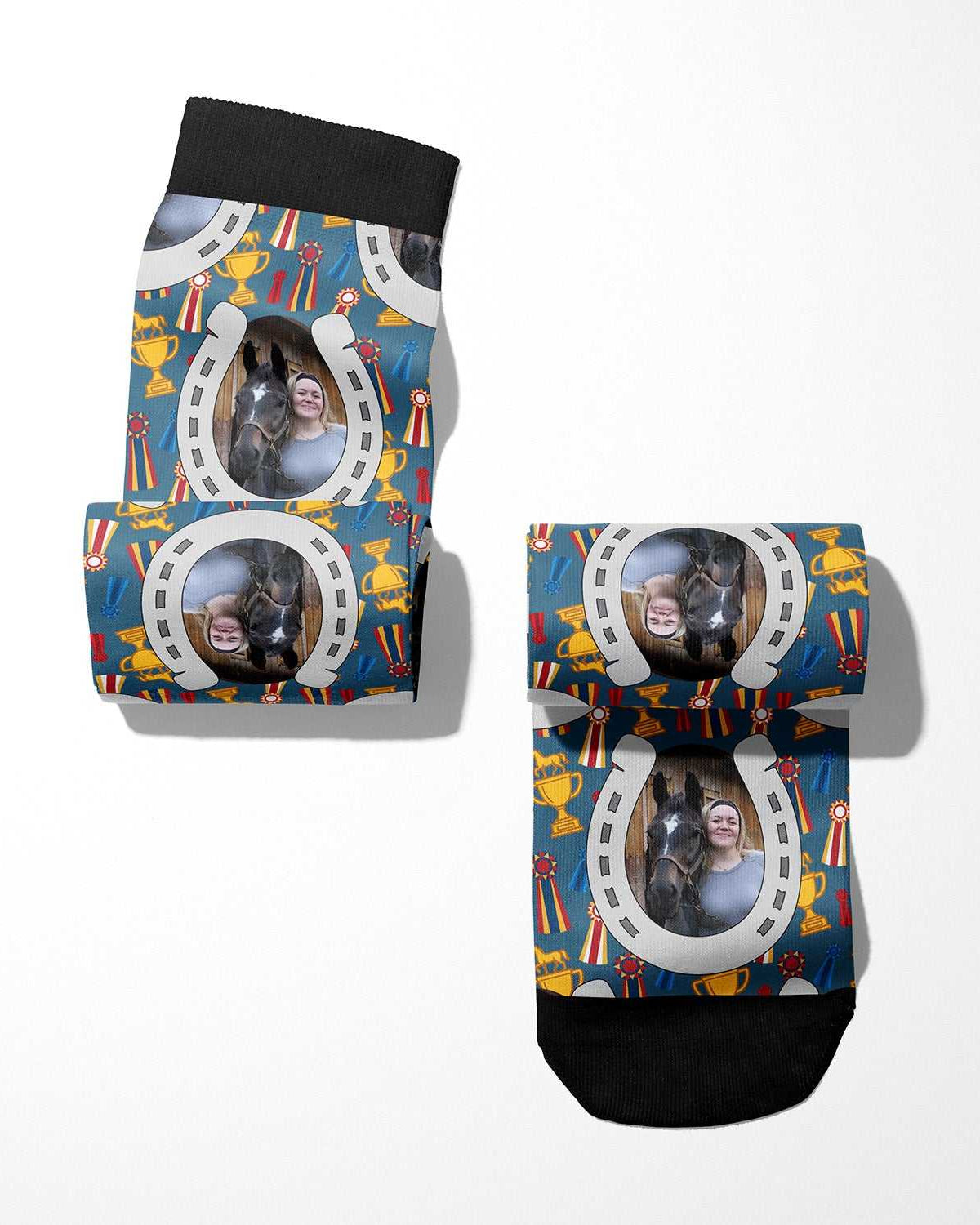 Custom boot socks featuring horseshoes and Winner Winner design, personalized with uploaded photo