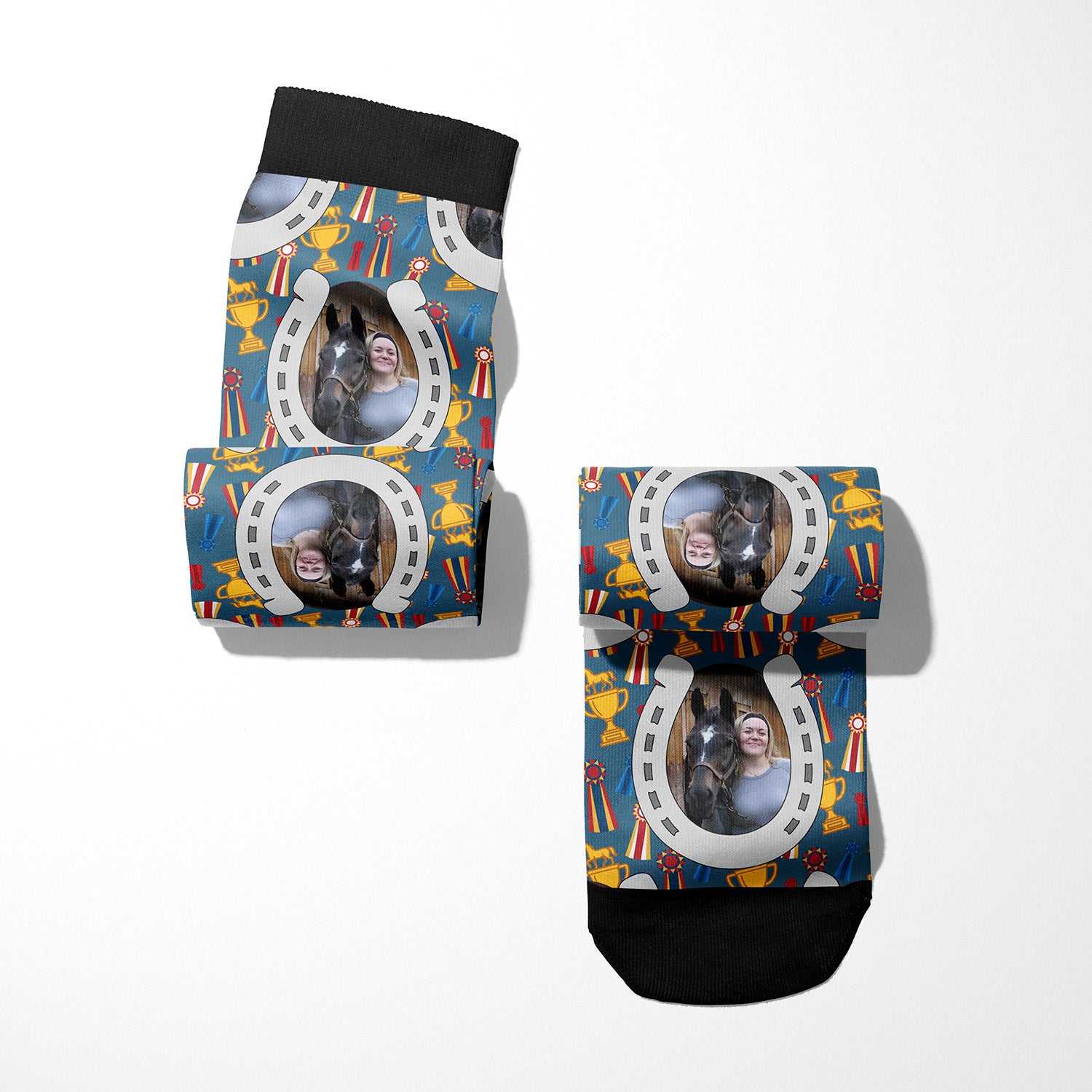 Custom boot socks featuring horseshoes and Winner Winner design, personalized with uploaded photo