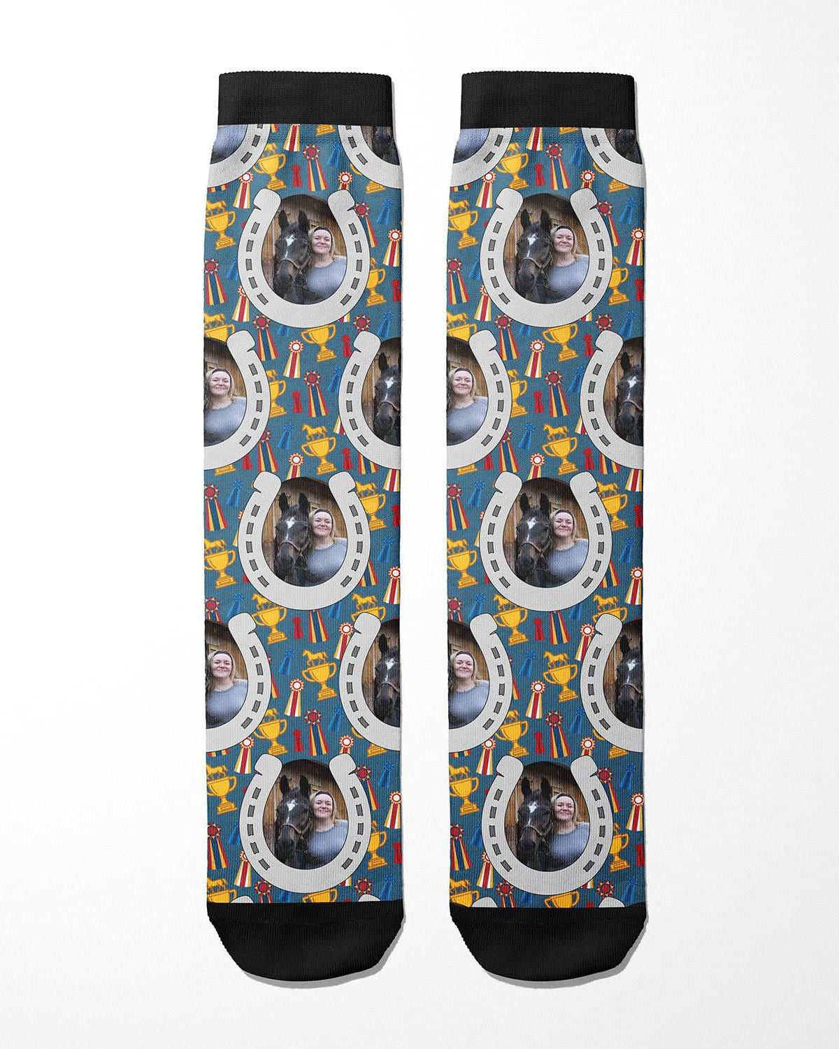 Custom boot socks featuring personalized horseshoes and winner designs for adults and youth