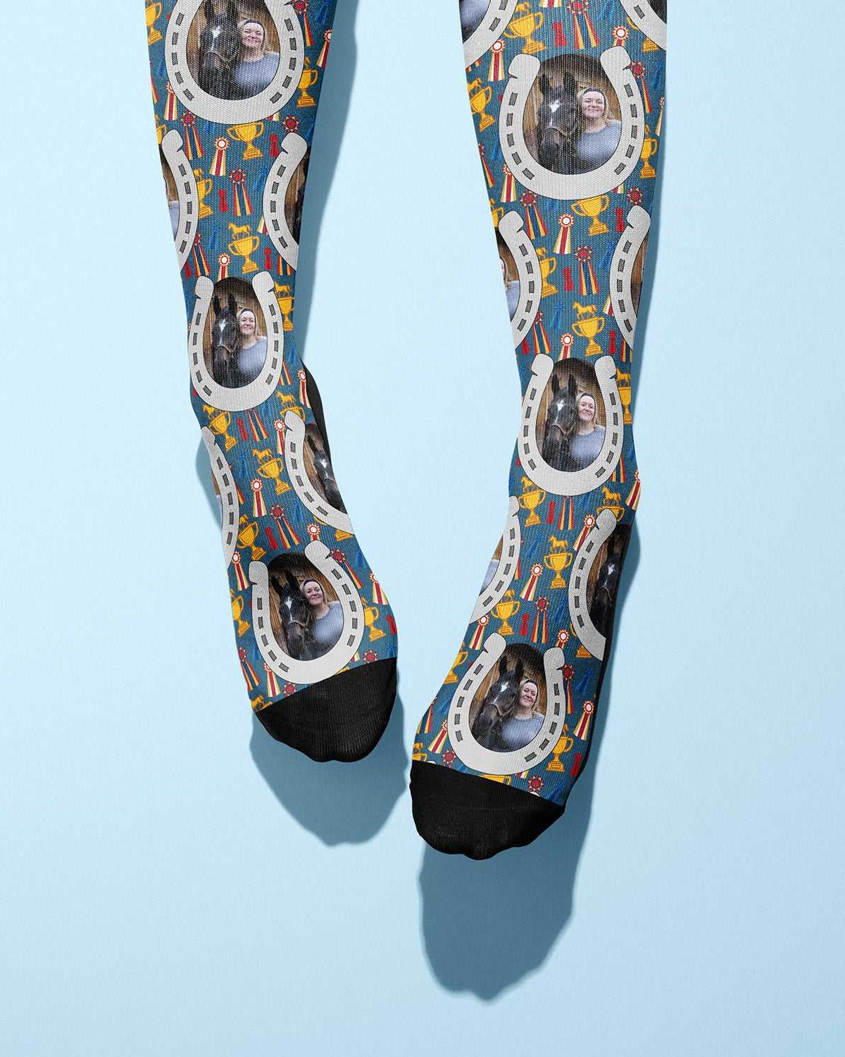 Custom boot socks with horseshoes and winner winner design, personalized with uploaded photo.