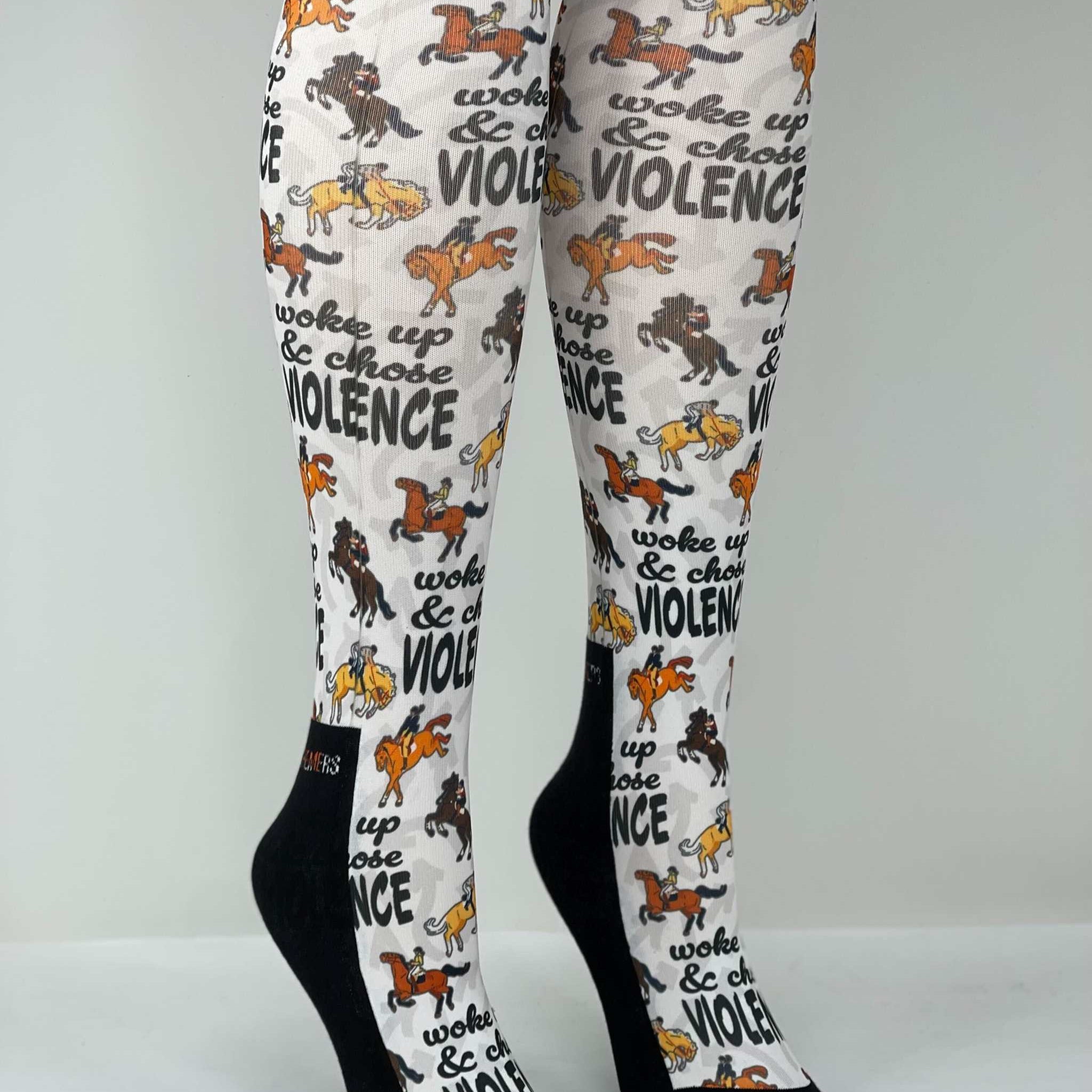 Woke Up Chose Violence Socks with horse print and bold text design, knee-high, black and white, made in USA